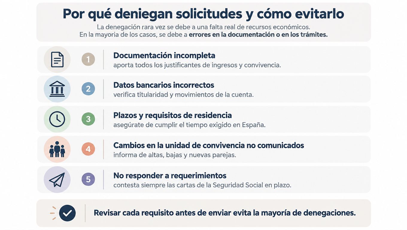 Infografía sobre los motivos comunes de denegación de solicitudes y cómo evitarlos mediante la revisión documental.