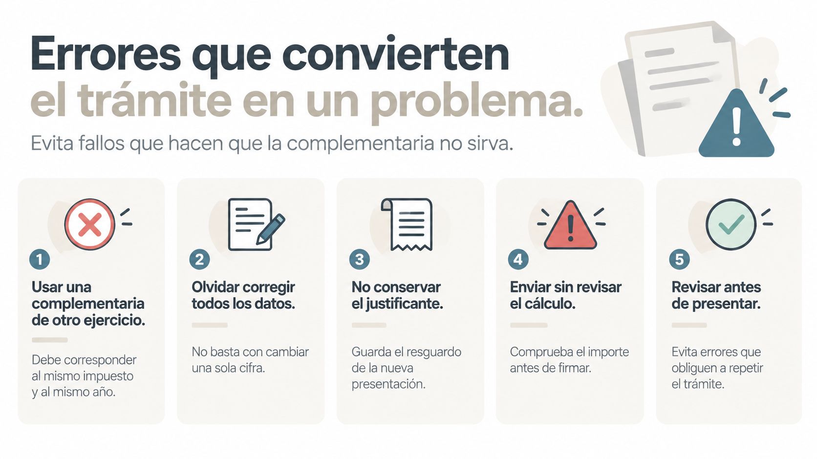 Infografía con cinco consejos esenciales para evitar errores comunes al presentar una declaración complementaria de impuestos correctamente.