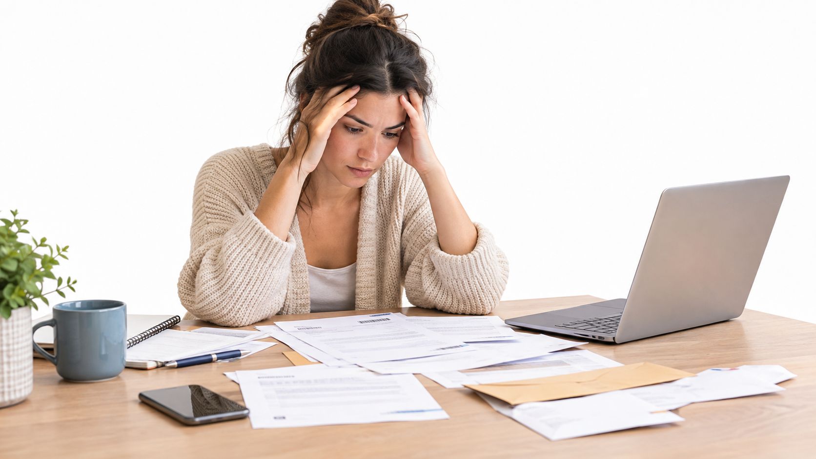 Mujer joven con aspecto estresado revisando documentos financieros y facturas mientras trabaja frente a su computadora portátil.