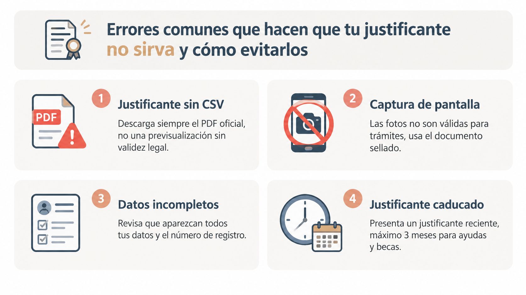 Infografía sobre errores frecuentes al presentar justificantes y cómo evitar problemas con tus documentos oficiales.