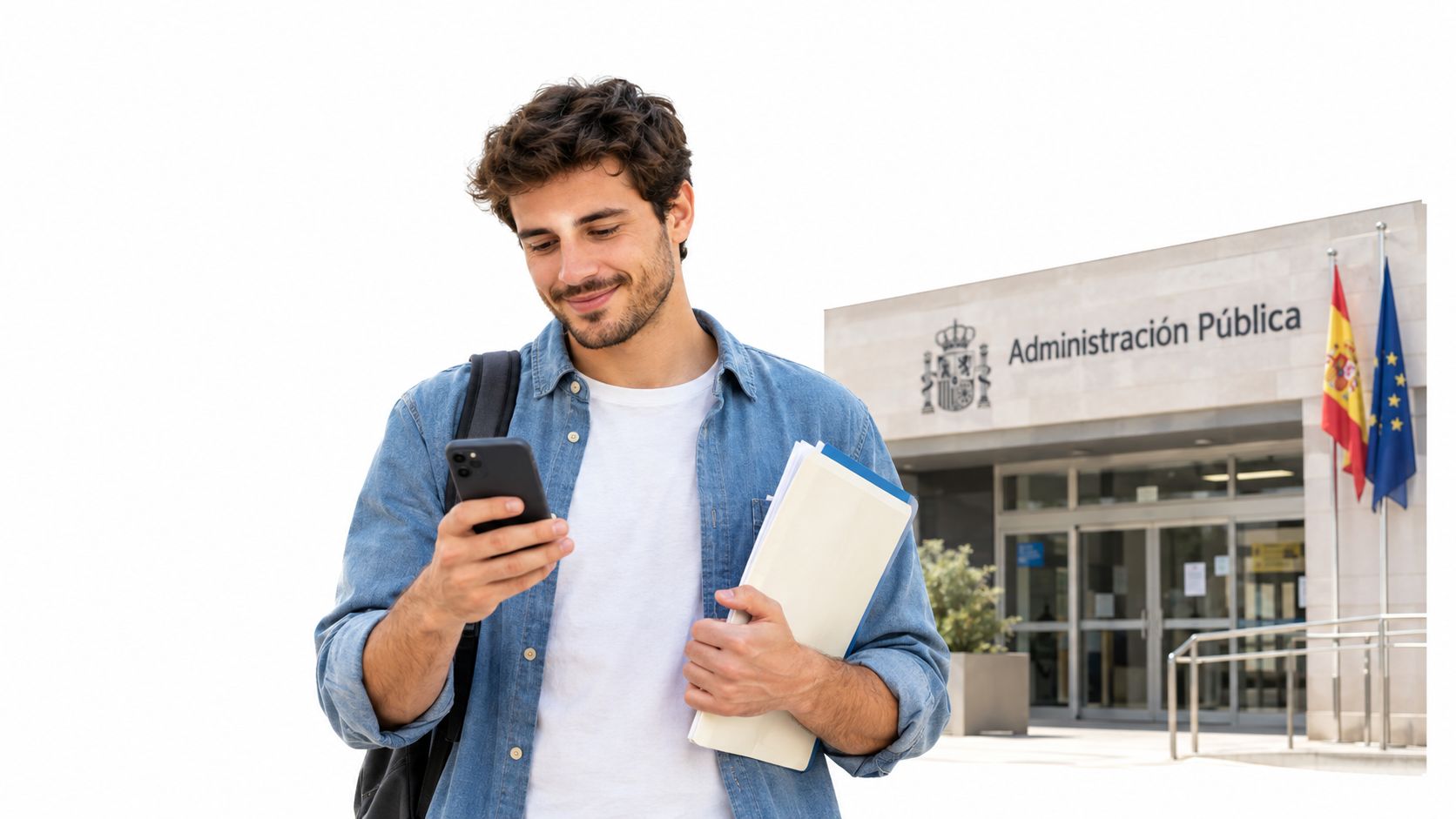 Un joven estudiante revisando notificaciones en su teléfono móvil frente a un edificio de la administración pública.