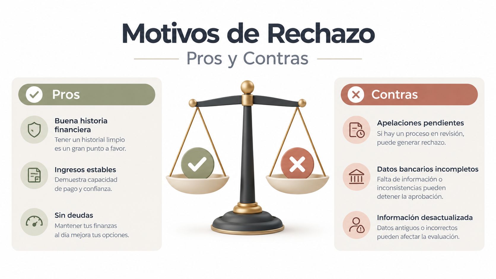 Balanza que equilibra pros y contras financieros para evitar motivos de rechazo en solicitudes de crédito.