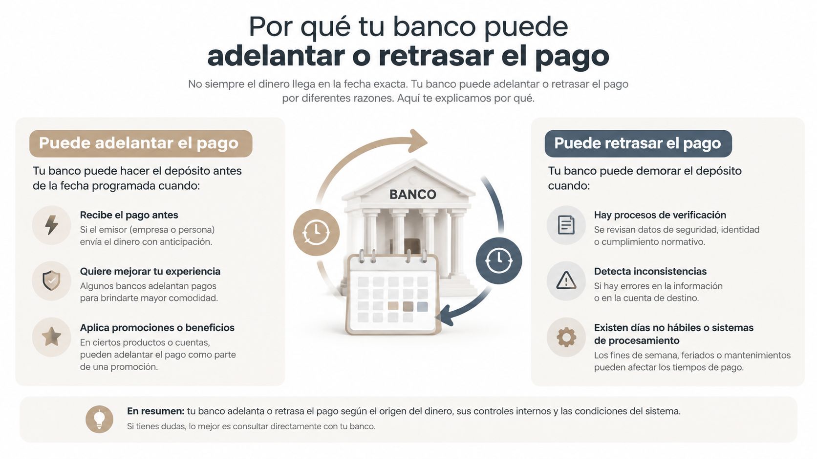 Infografía explicando por qué los bancos pueden adelantar o retrasar el depósito de pagos de forma inesperada.