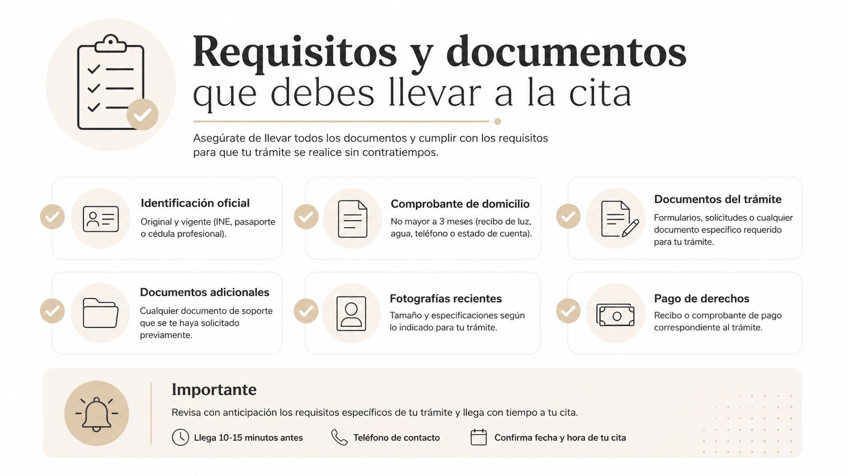 Lista de documentos y requisitos necesarios para acudir a una cita de trámite oficial de manera exitosa.