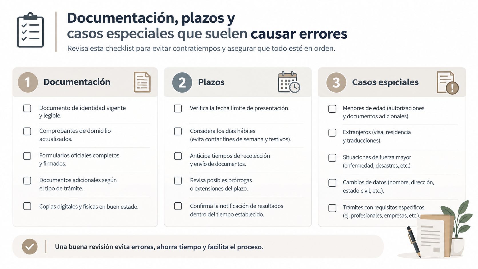 Lista de verificación para evitar errores en documentación, plazos y trámites para solicitudes de alquiler.