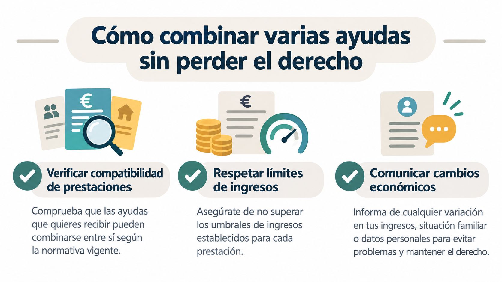 Infografía sobre cómo combinar ayudas económicas sin perder el derecho siguiendo las normas vigentes de ingresos.