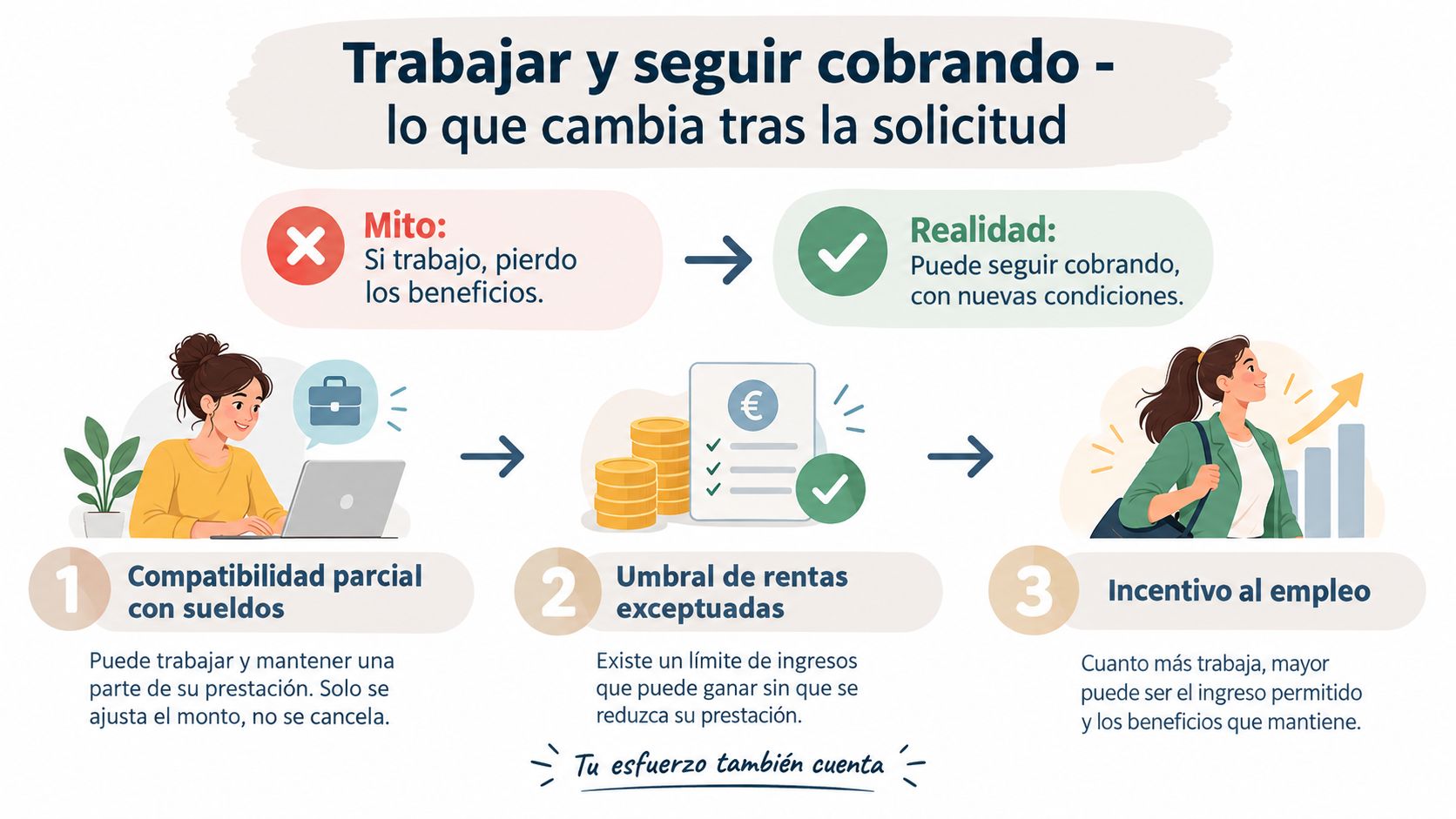 Infografía sobre cómo compatibilizar el trabajo con el cobro de ayudas económicas o prestaciones sociales vigentes.