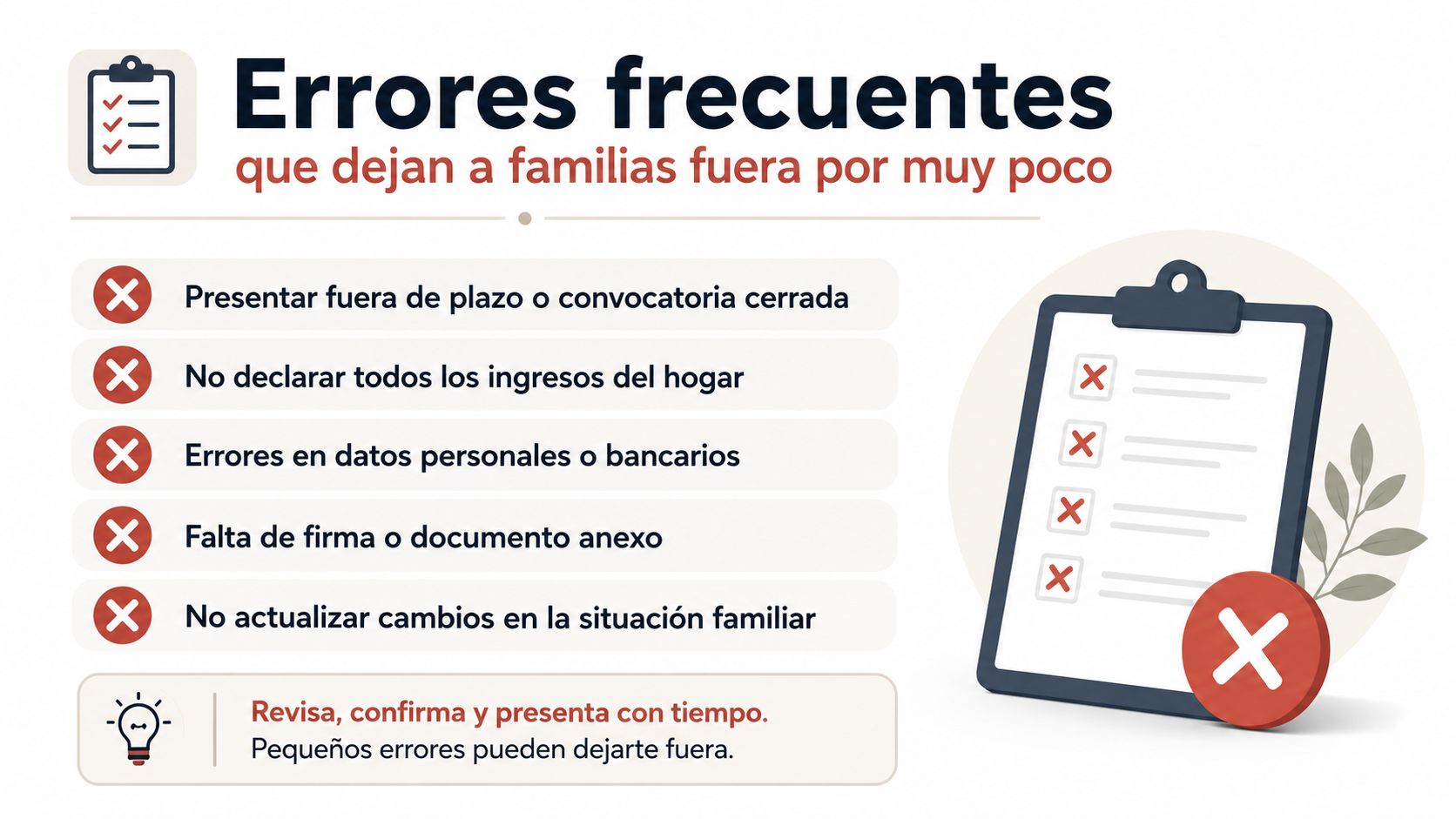 Infografía sobre errores frecuentes al solicitar ayudas que pueden dejar a las familias fuera de la convocatoria.