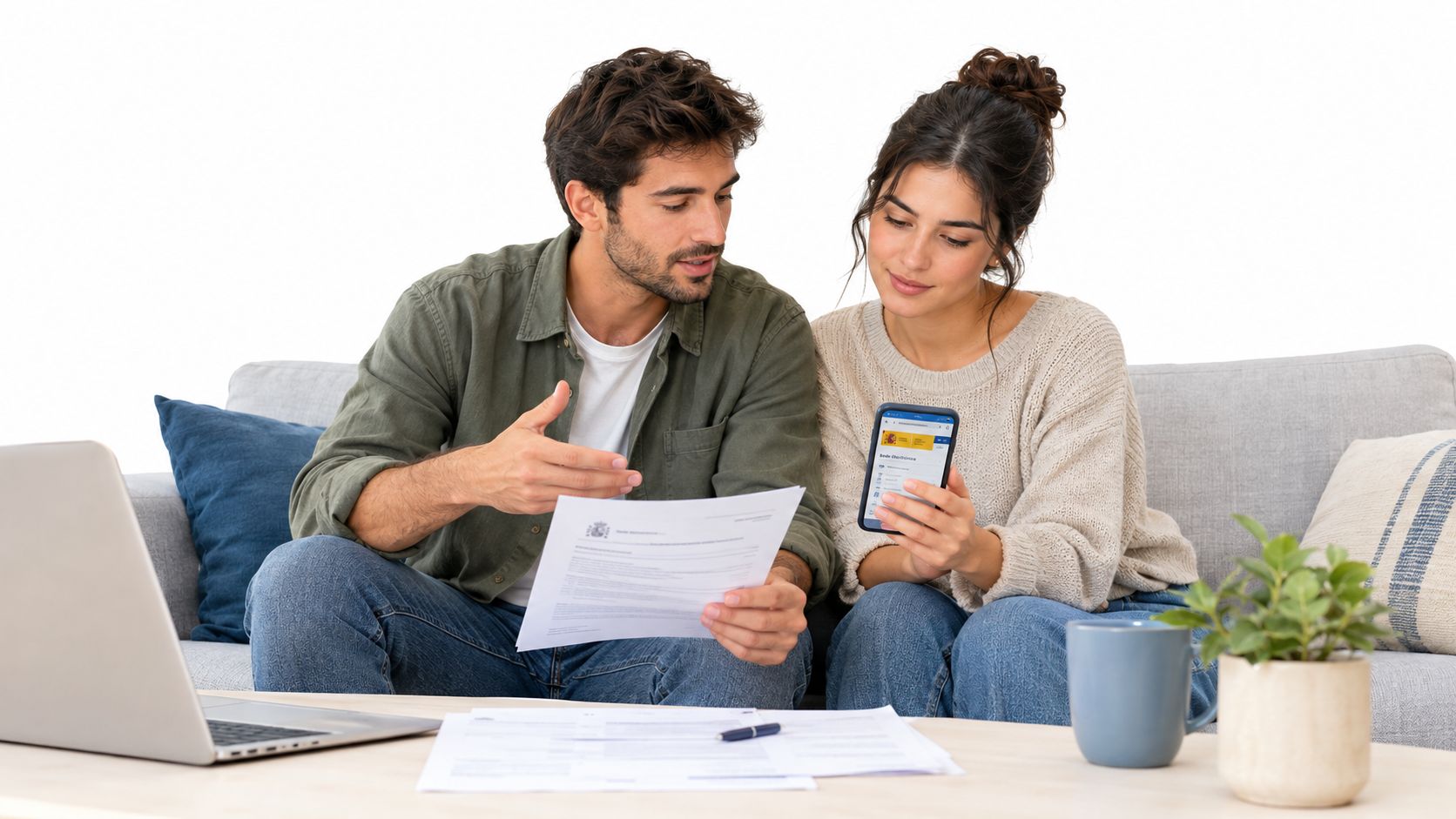 Pareja joven sentada en el sofá revisando documentos oficiales y consultando información en un teléfono móvil.