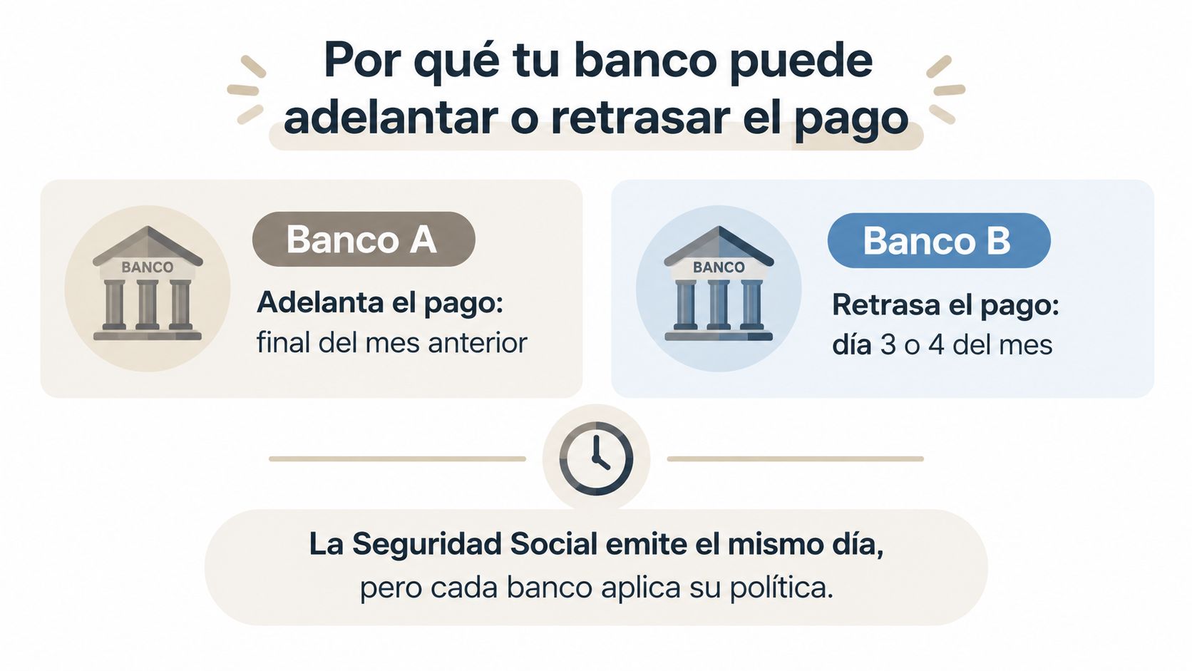 Infografía explicando por qué los bancos adelantan o retrasan el pago del ingreso mínimo vital.