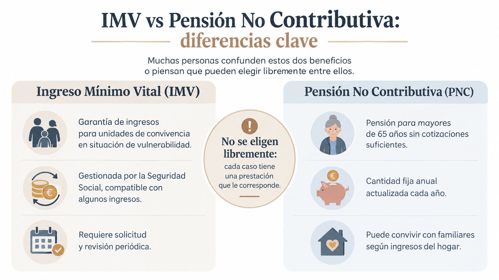 Infografía comparativa detallando las diferencias clave entre el Ingreso Mínimo Vital y la Pensión No Contributiva.