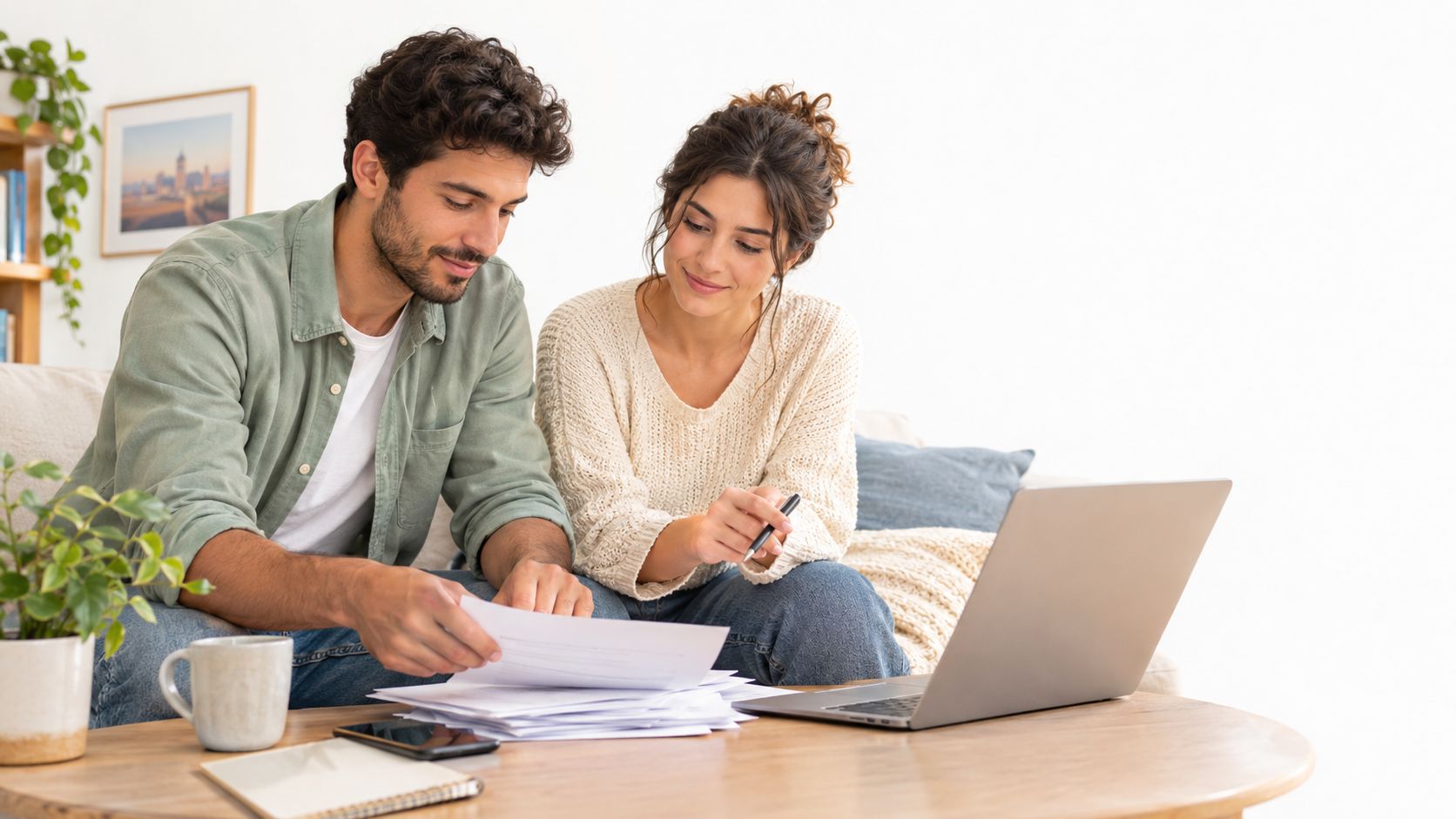 Una pareja joven revisa documentos financieros y trabaja con un ordenador portátil en su sala de estar.