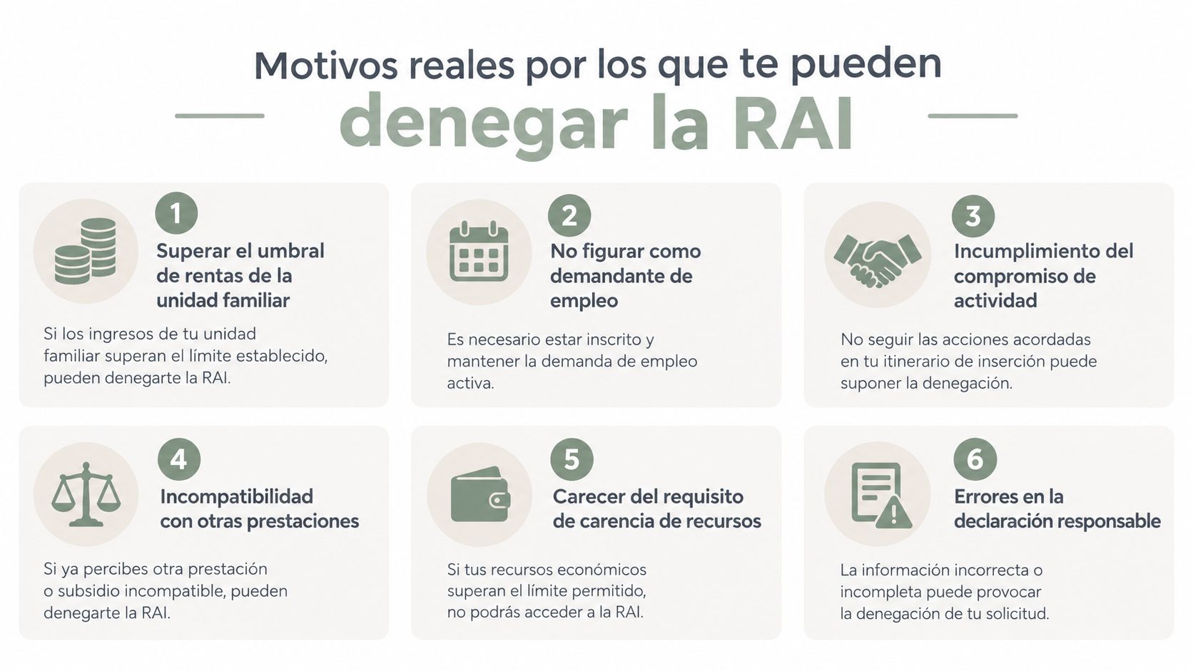 Infografía sobre los seis motivos principales por los que pueden denegar la solicitud de renta activa de inserción.