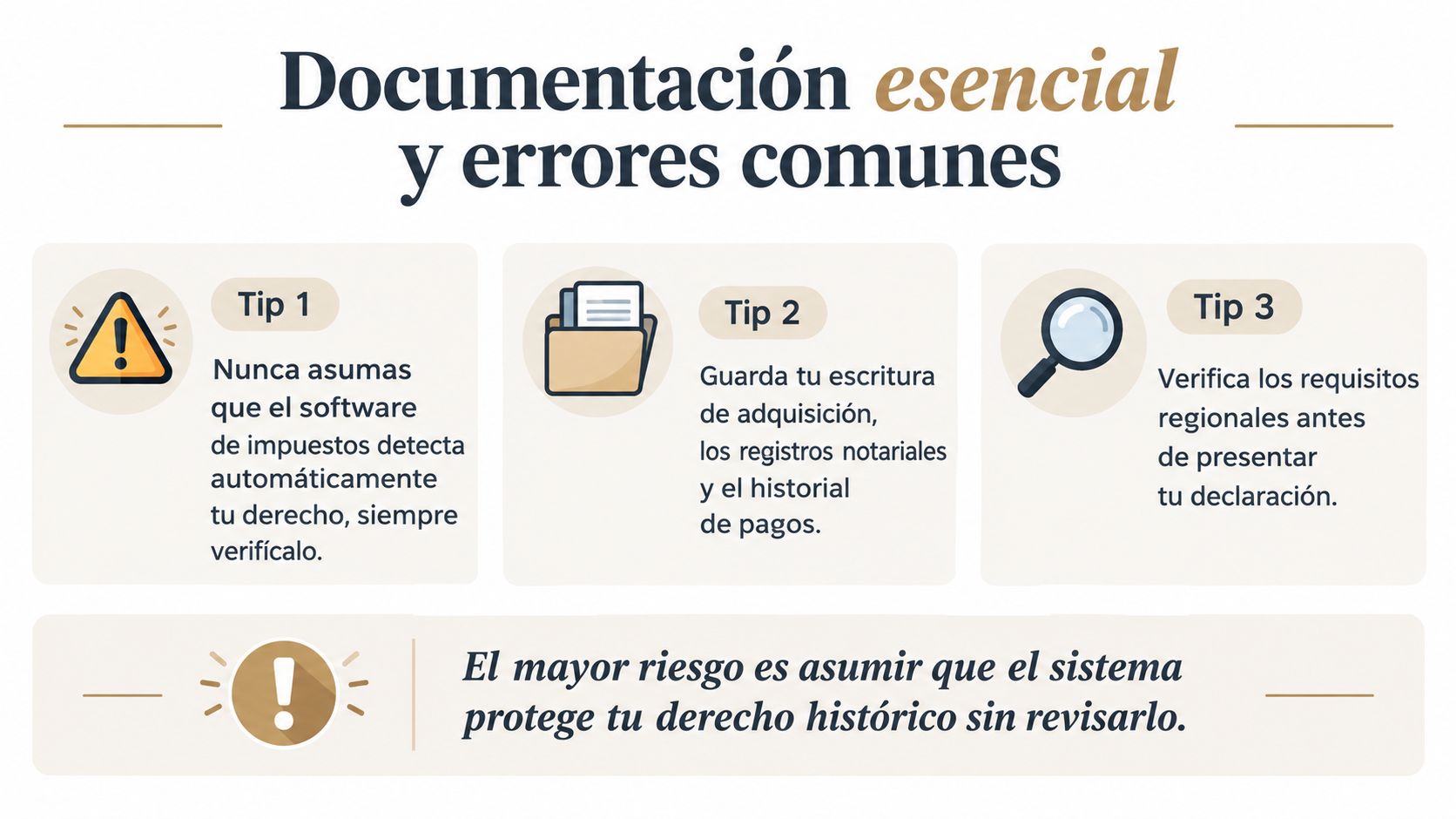 Infografía con consejos sobre documentación esencial y errores comunes al declarar impuestos relacionados con la vivienda.