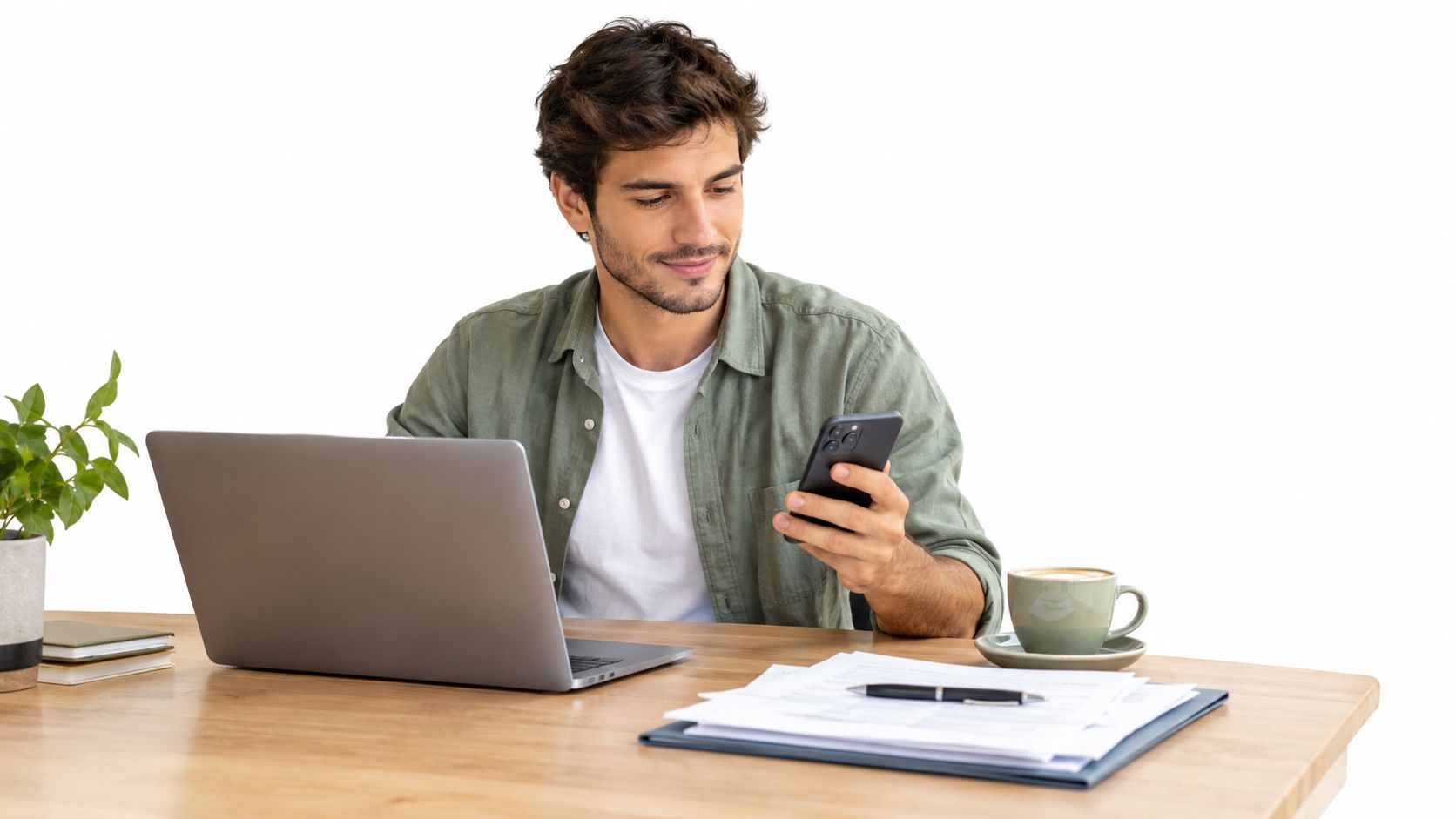 Un hombre joven sonriente sentado en su escritorio revisando información en su teléfono móvil con su computadora portátil.
