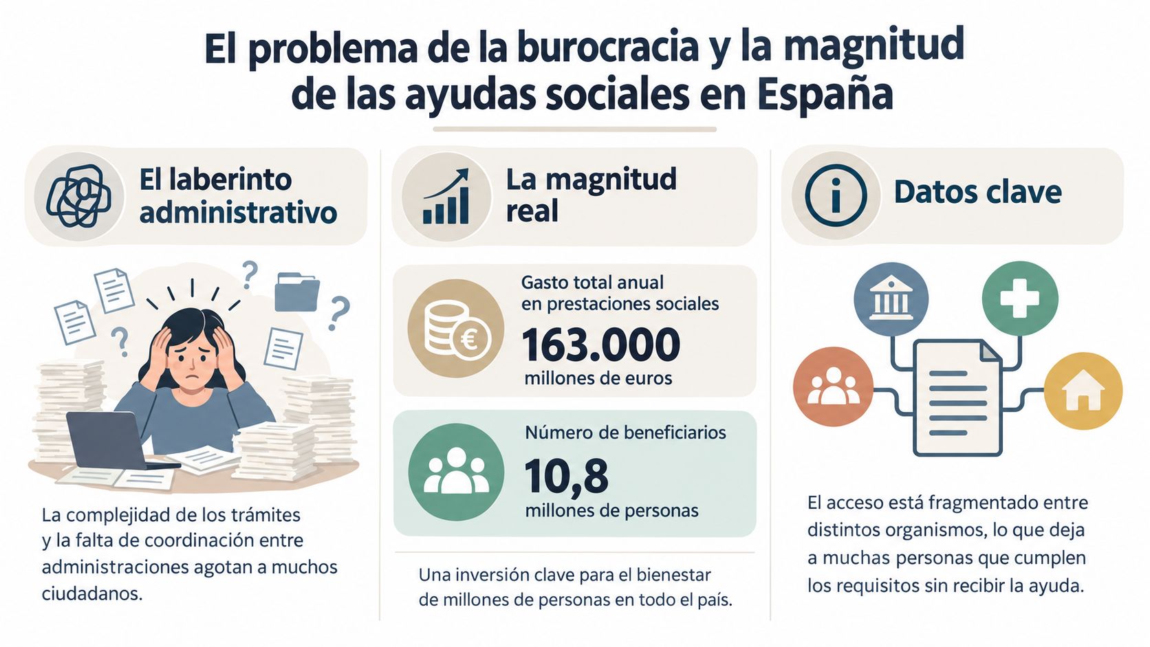 Infografía sobre el complejo sistema de ayudas sociales y la burocracia en España con datos clave.