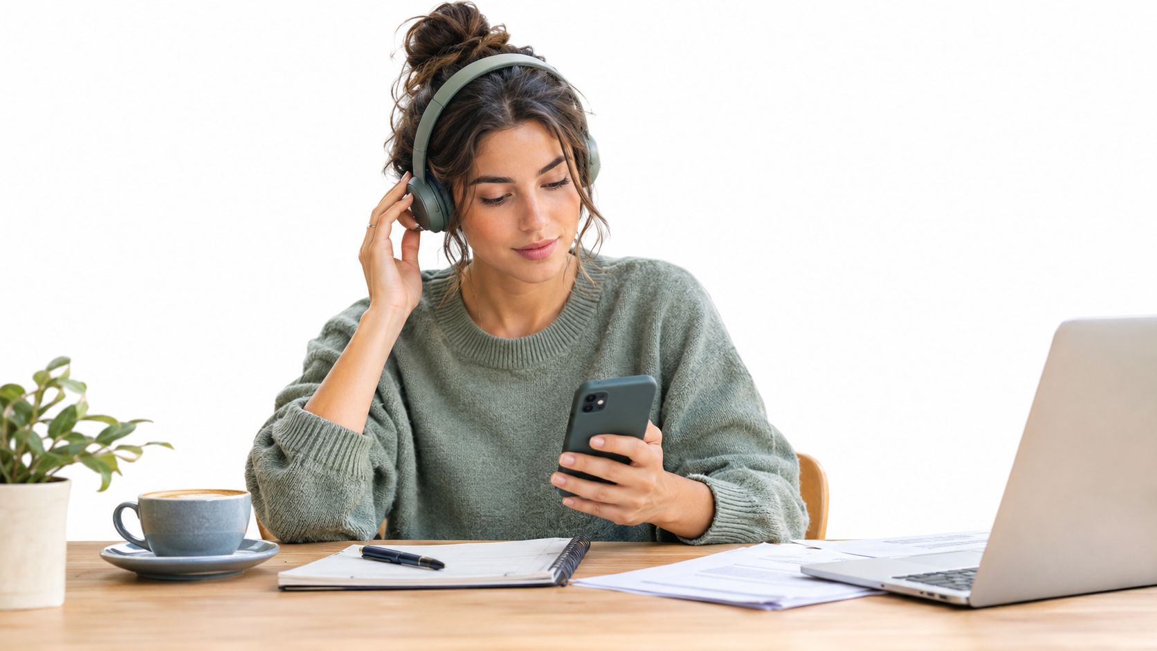 Una mujer joven con auriculares trabajando en su escritorio con su teléfono móvil y portátil.