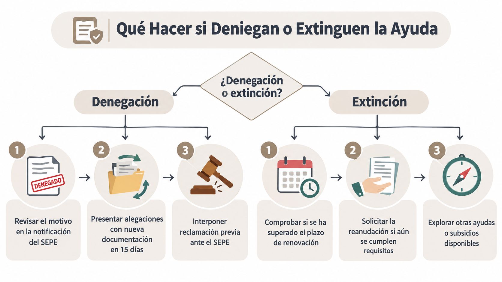 Infografía sobre los pasos a seguir ante la denegación o extinción de una ayuda del SEPE.