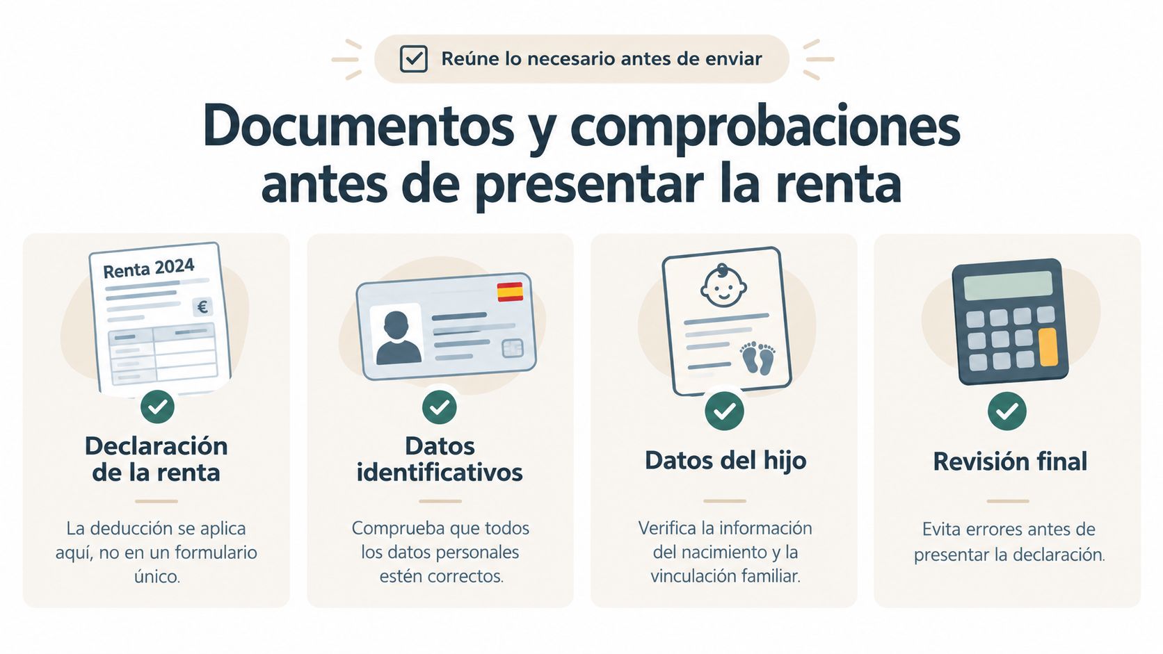 Infografía con pasos y documentos necesarios para presentar la declaración de la renta y aplicar deducciones.