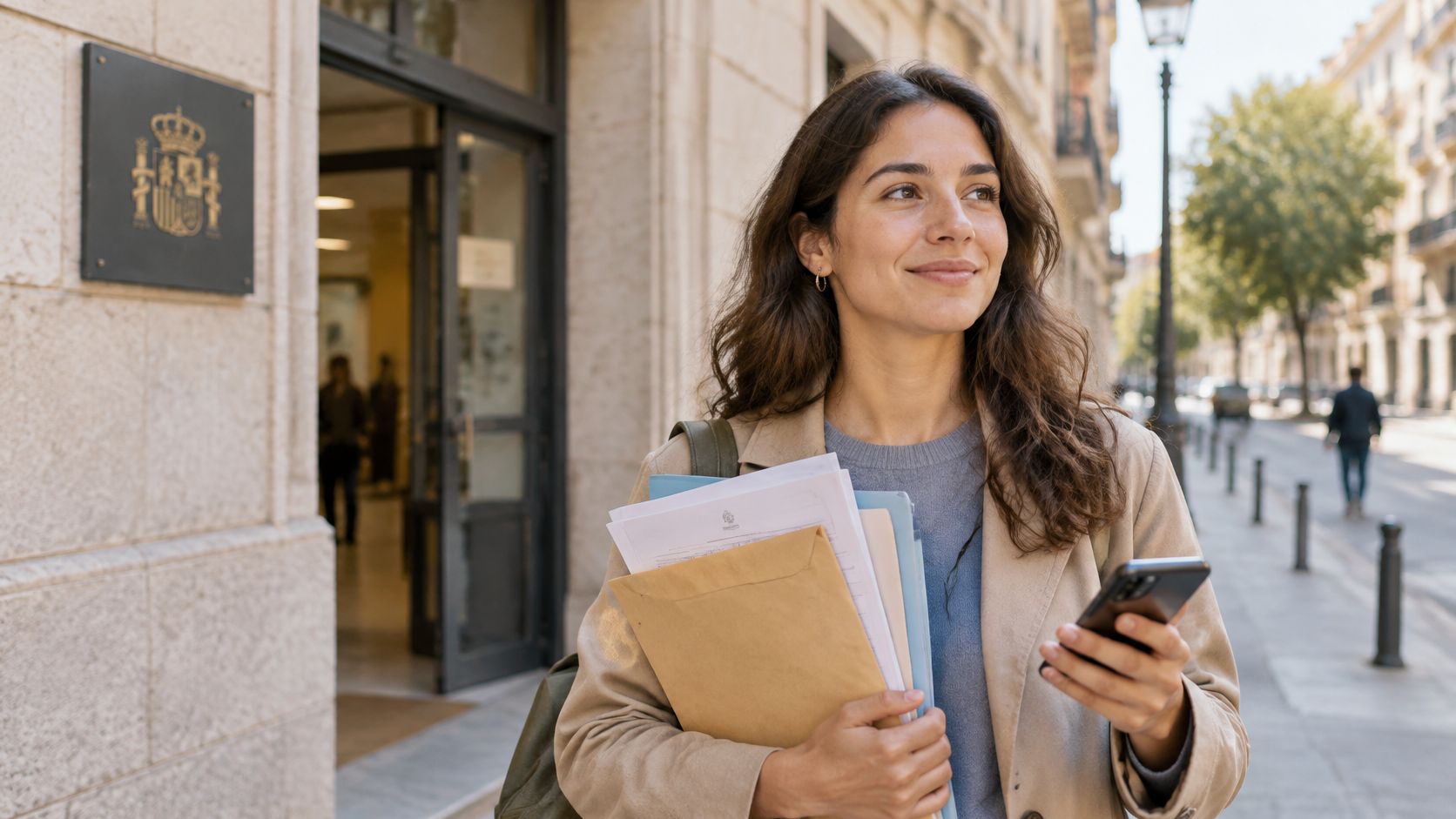 Mujer joven con documentos y un móvil frente a una oficina de la administración pública española.