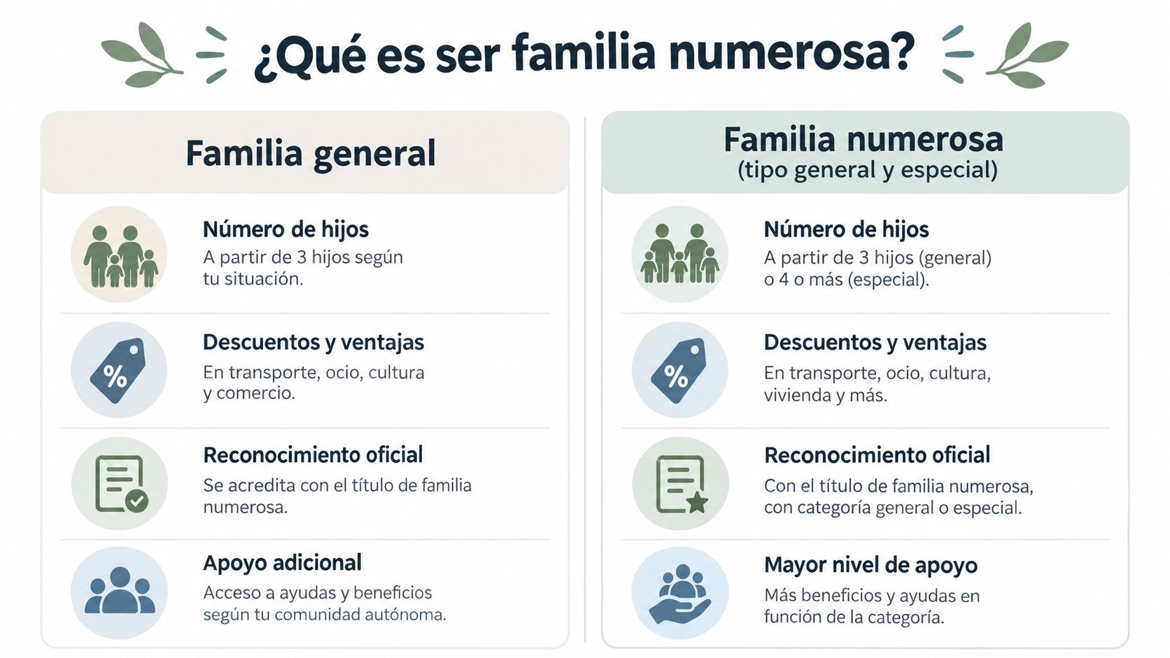 Infografía comparativa sobre la definición y los beneficios de ser una familia numerosa en España.