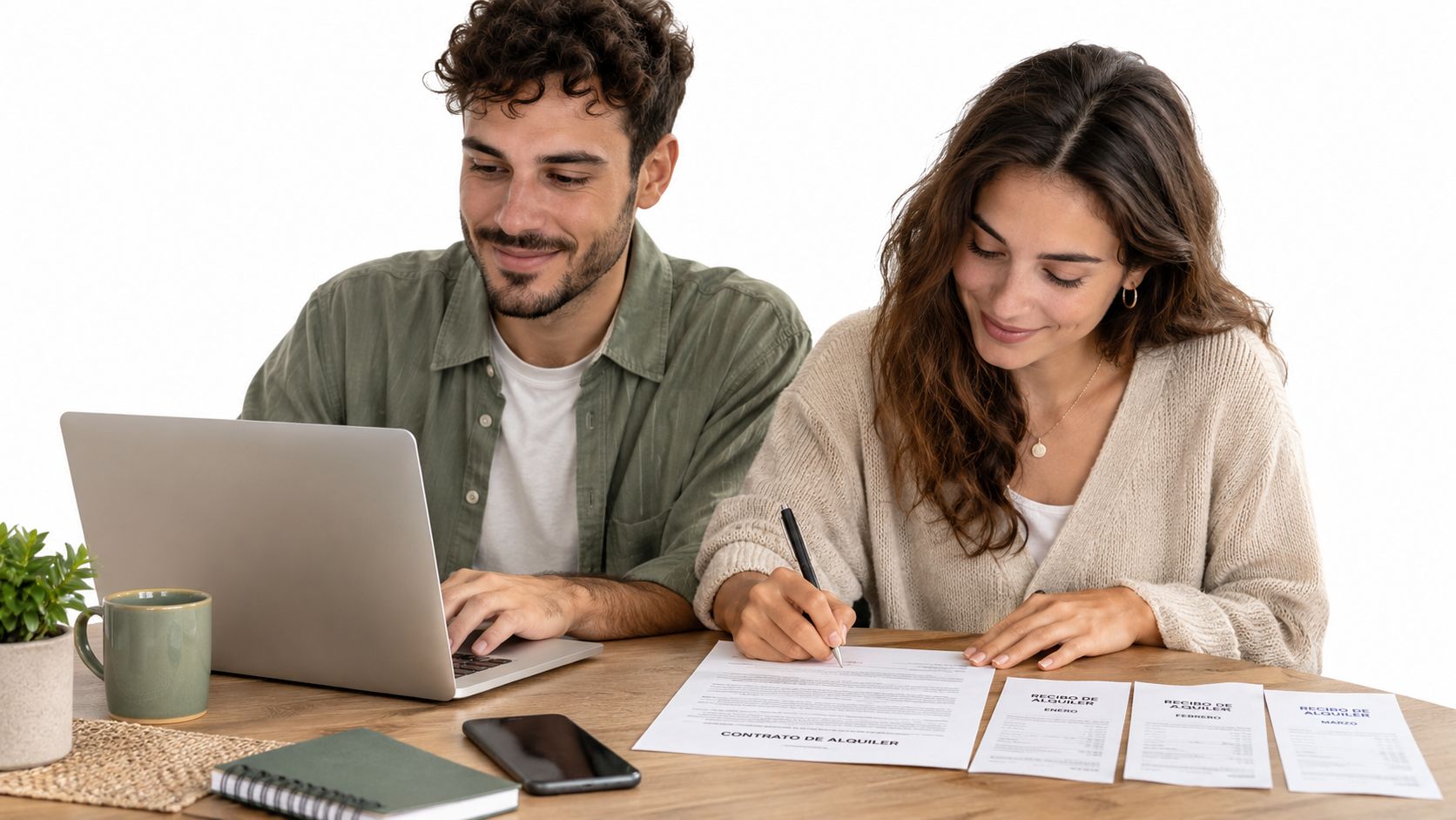 Una pareja joven revisa un contrato de alquiler y documentos financieros mientras trabaja frente a un ordenador portátil.