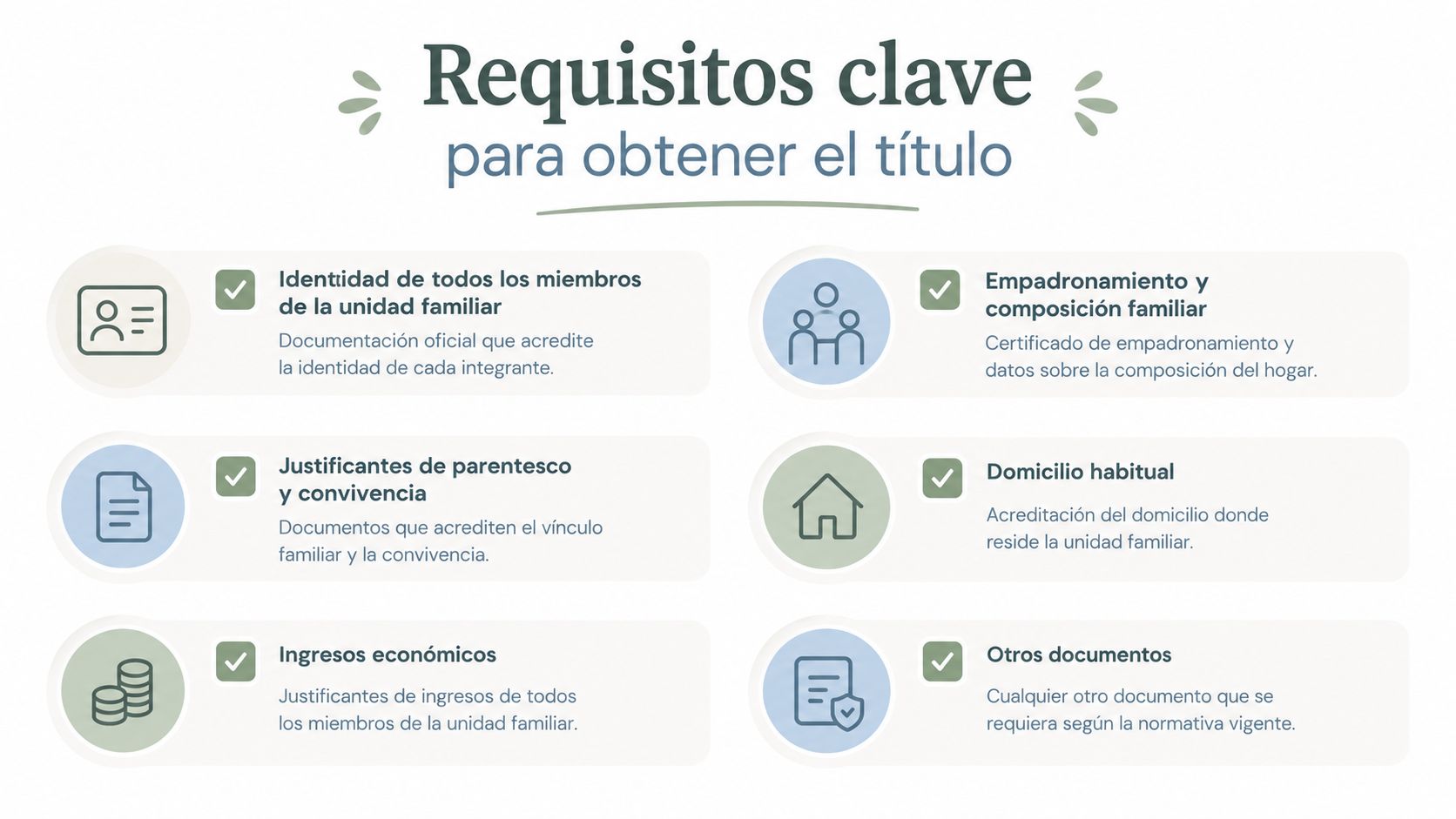 Lista de requisitos clave y documentos necesarios para obtener el título de familia numerosa en España.