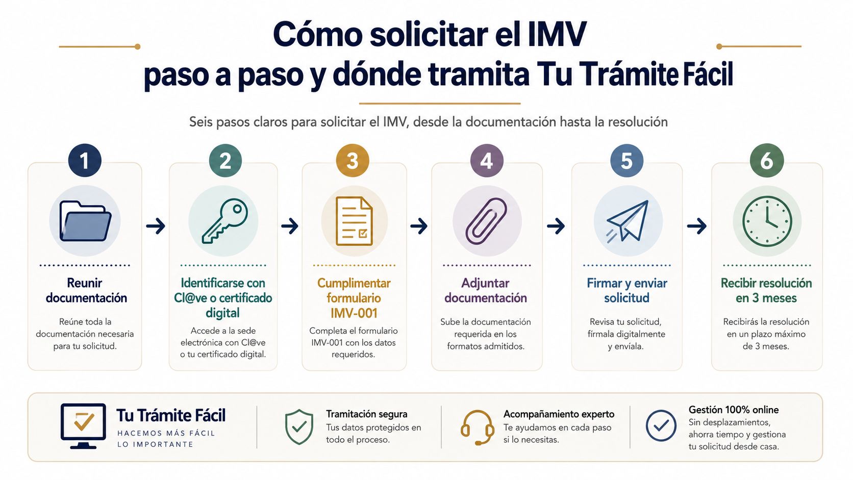 Infografía paso a paso que explica cómo solicitar el Ingreso Mínimo Vital de forma telemática y sencilla.