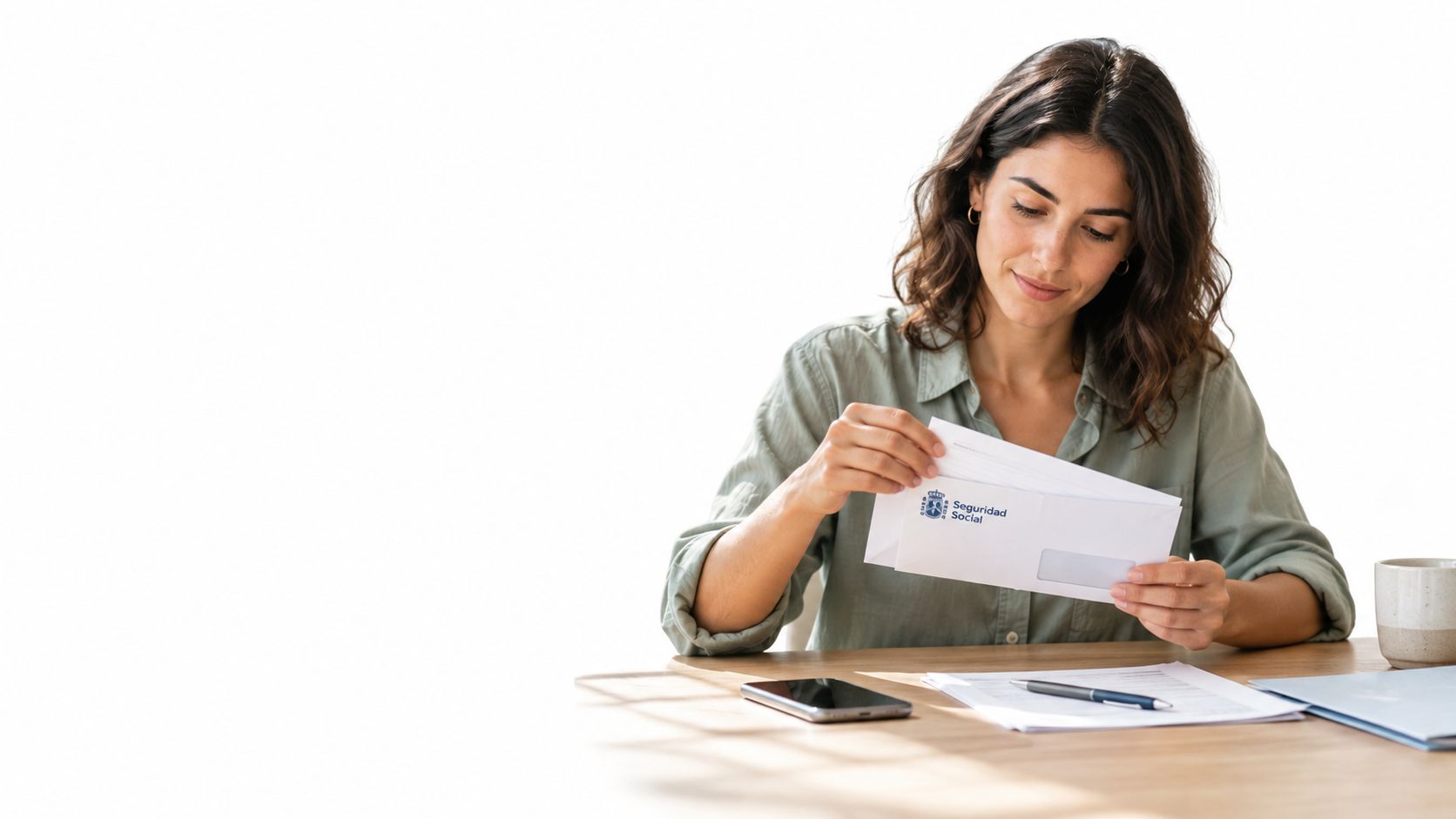 Una mujer joven con una carta de la Seguridad Social mientras está sentada en su escritorio.