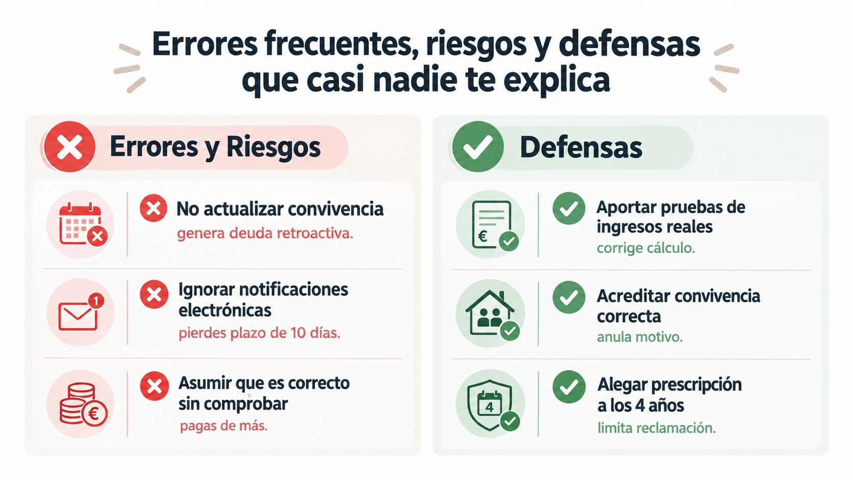 Infografía sobre errores, riesgos y defensas relacionadas con el cobro indebido del Ingreso Mínimo Vital en España.