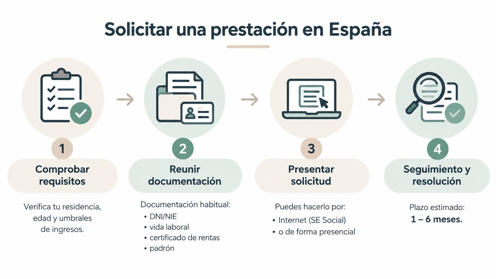 Infografía paso a paso sobre el proceso de solicitud de prestaciones sociales en España para ciudadanos.