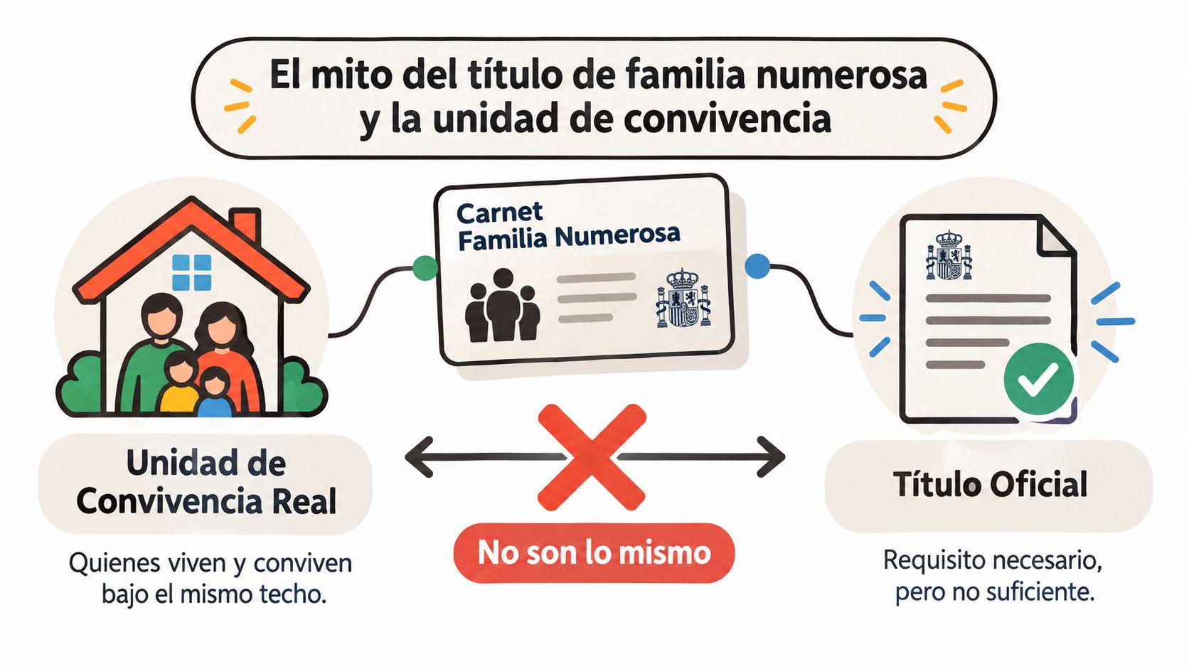 Gráfico explicativo que diferencia la unidad de convivencia real del título oficial de familia numerosa en España.