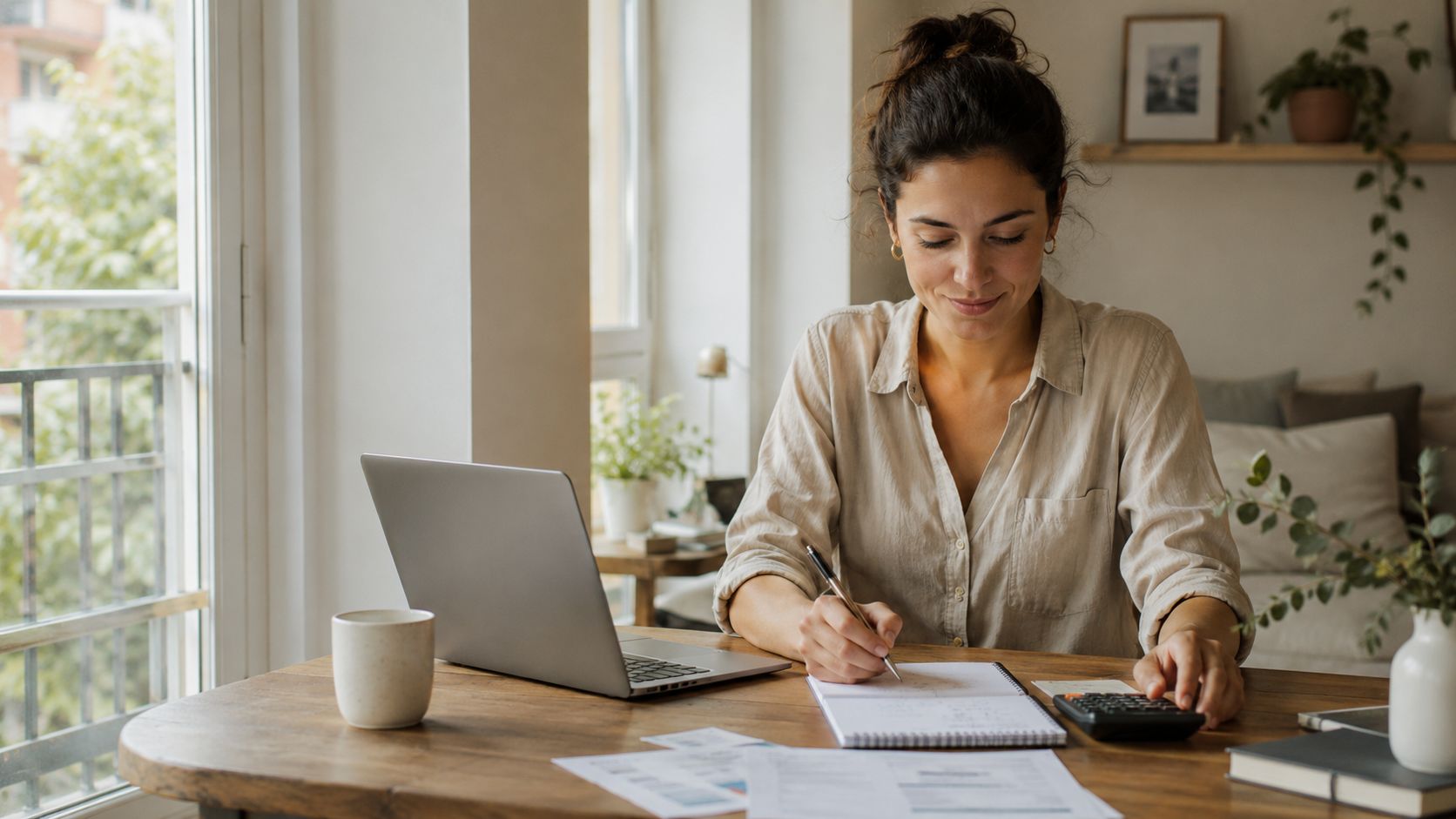 Mujer joven trabajando desde casa revisando documentos financieros, usando una calculadora y tomando notas en su escritorio.