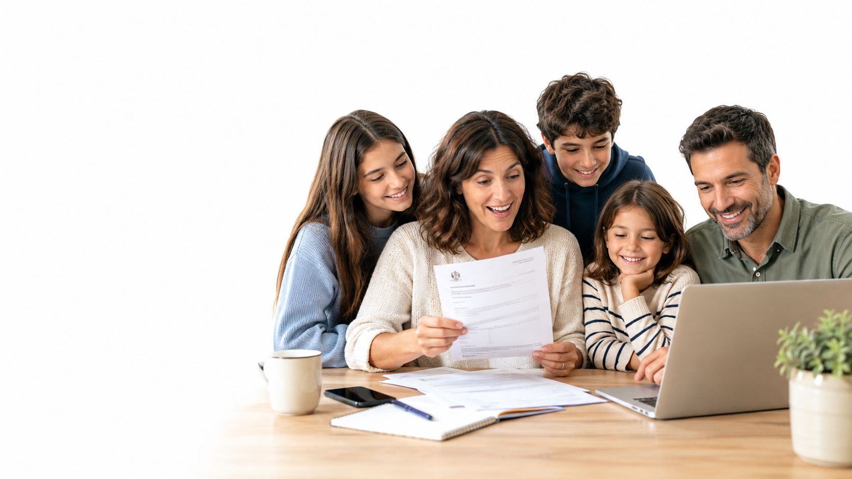 Familia numerosa sentada alrededor de una mesa consultando documentos financieros y una computadora portátil en casa.