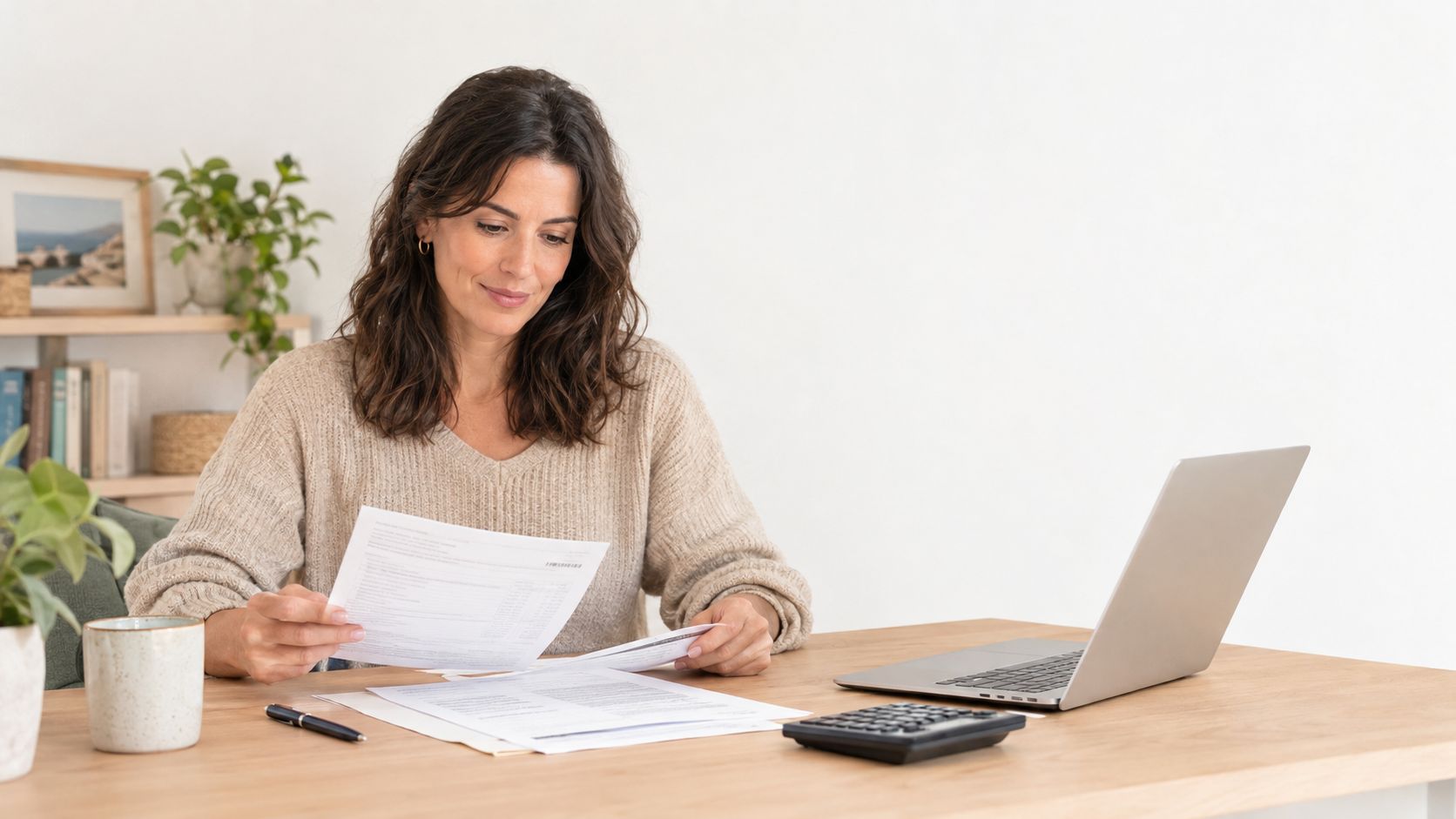 Una mujer joven trabajando desde casa revisando documentos financieros mientras usa su computadora portátil en el escritorio.