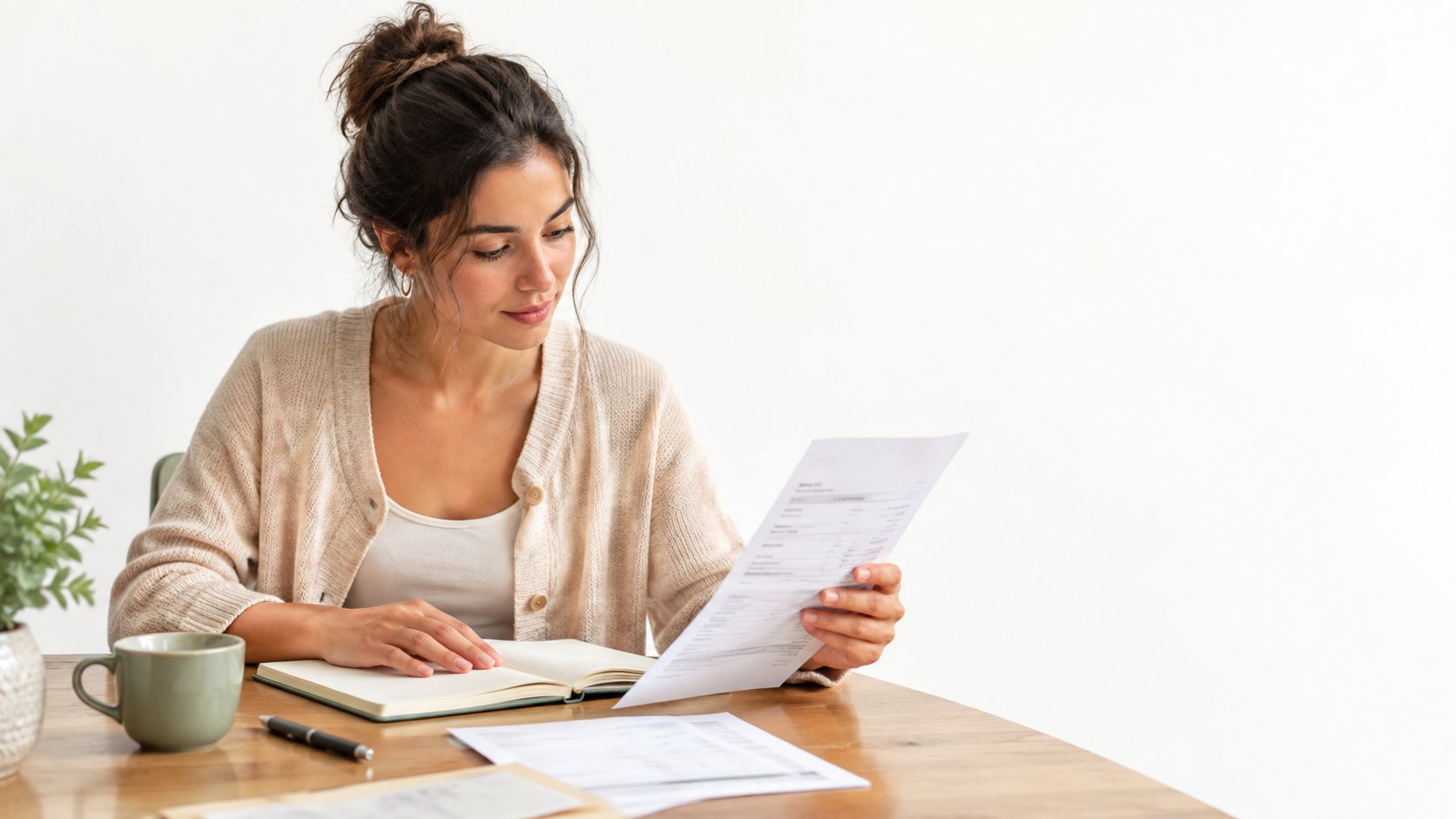 Mujer joven con cabello recogido sentada en una mesa revisando documentos y tomando notas en su diario personal.