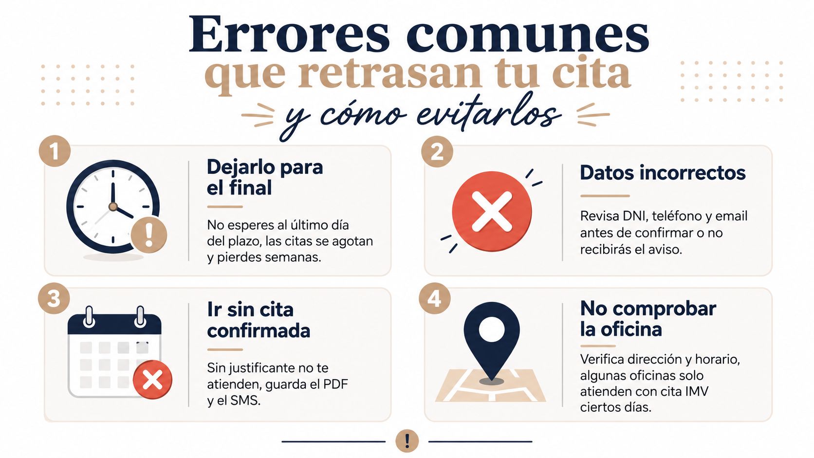 Infografía sobre errores comunes al solicitar cita para el Ingreso Mínimo Vital y cómo evitarlos eficazmente.