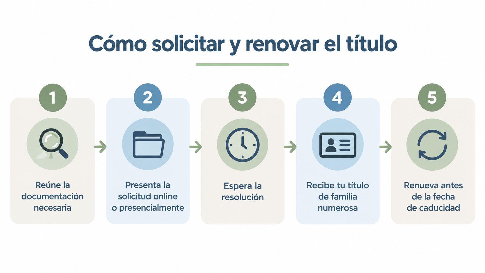 Infografía paso a paso sobre cómo solicitar y renovar el título de familia numerosa en España.
