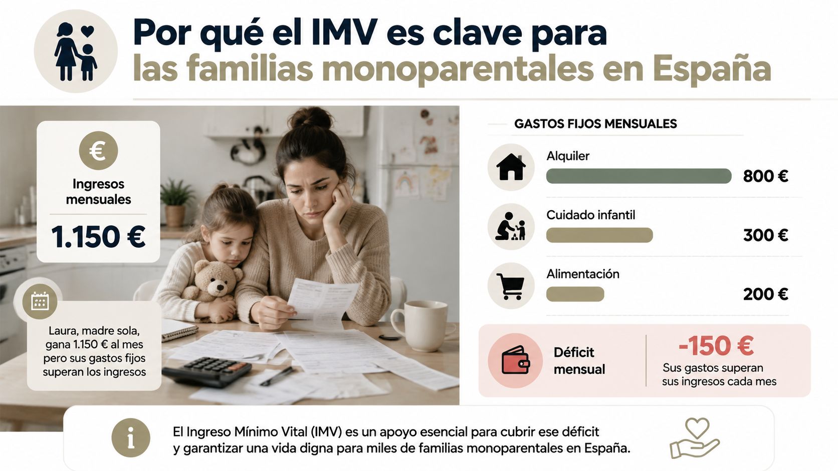 Infografía sobre la importancia del Ingreso Mínimo Vital para las familias monoparentales con dificultades económicas en España.