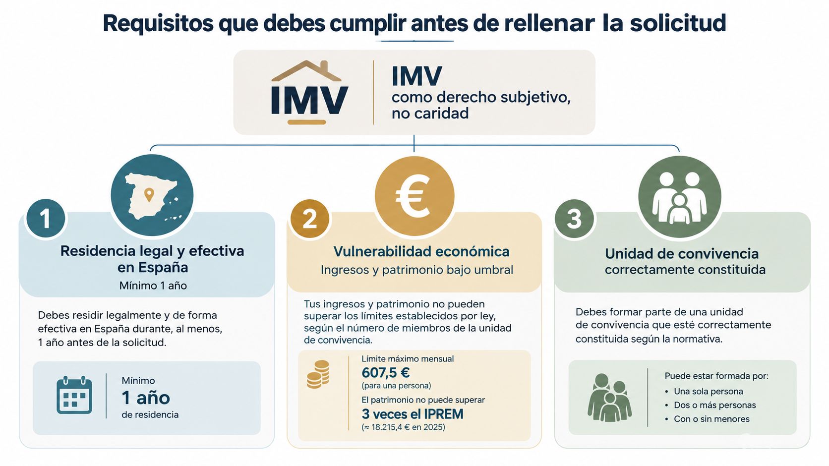 Infografía con los requisitos básicos necesarios para solicitar el Ingreso Mínimo Vital en España de forma correcta.