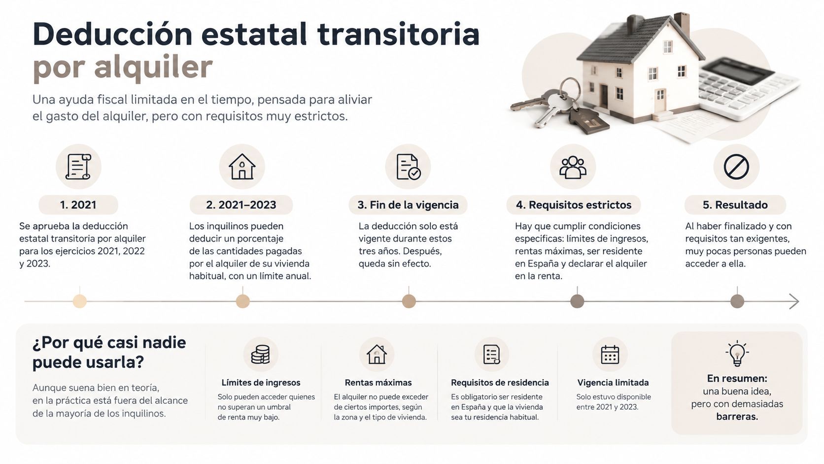 Infografía sobre la deducción estatal transitoria por alquiler y sus requisitos y barreras de acceso.