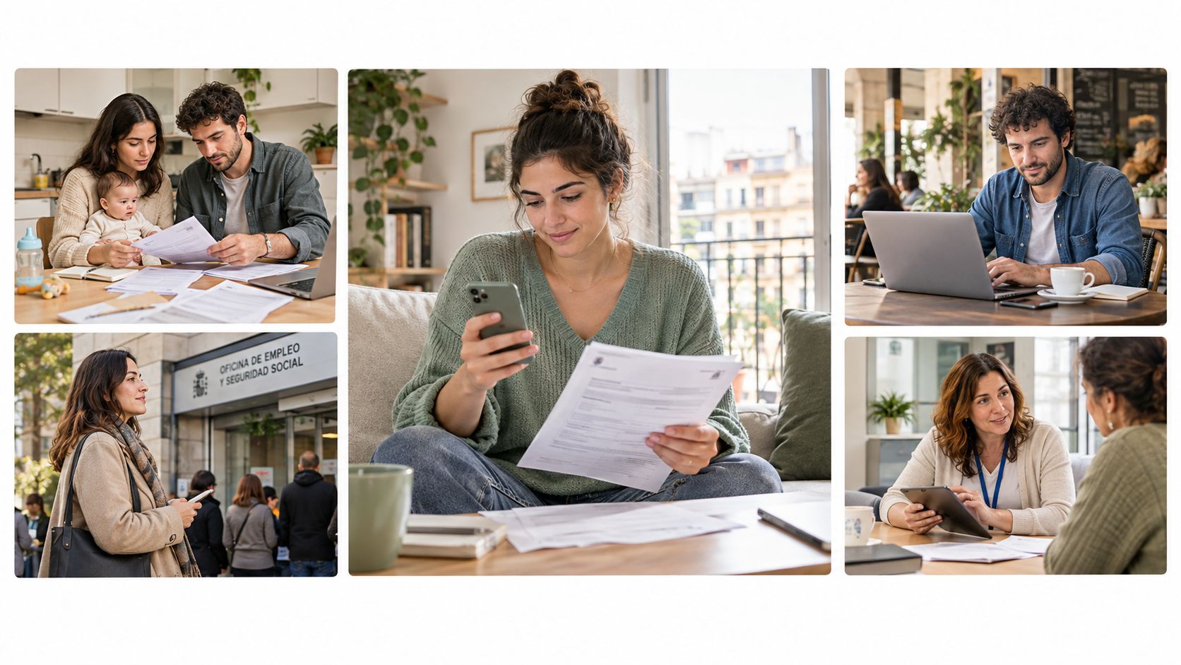 Collage de personas realizando trámites y consultas sobre prestaciones sociales en diferentes entornos laborales y personales.