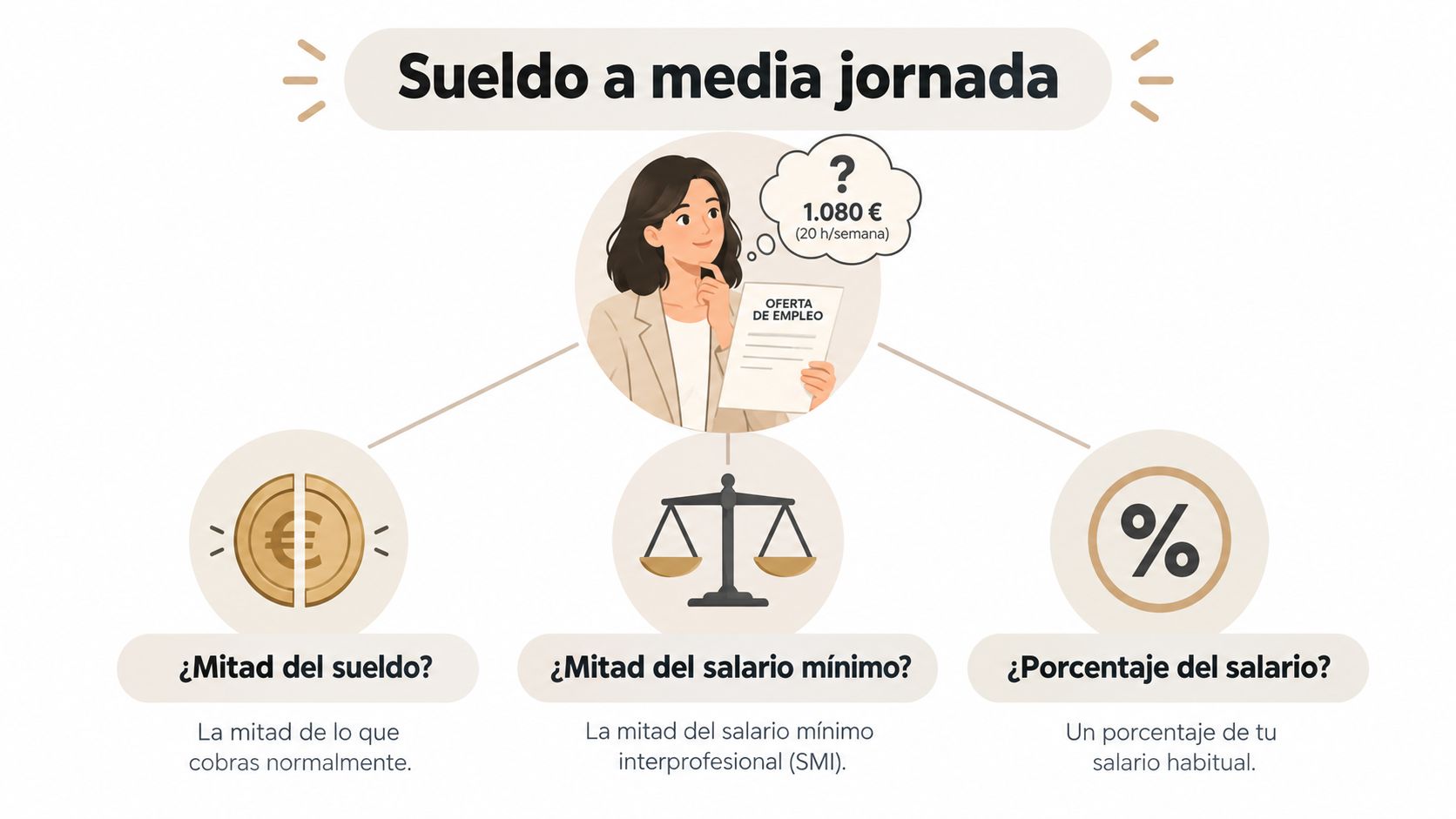 Infografía sobre el sueldo a media jornada, cuestionando si corresponde a la mitad del salario habitual.