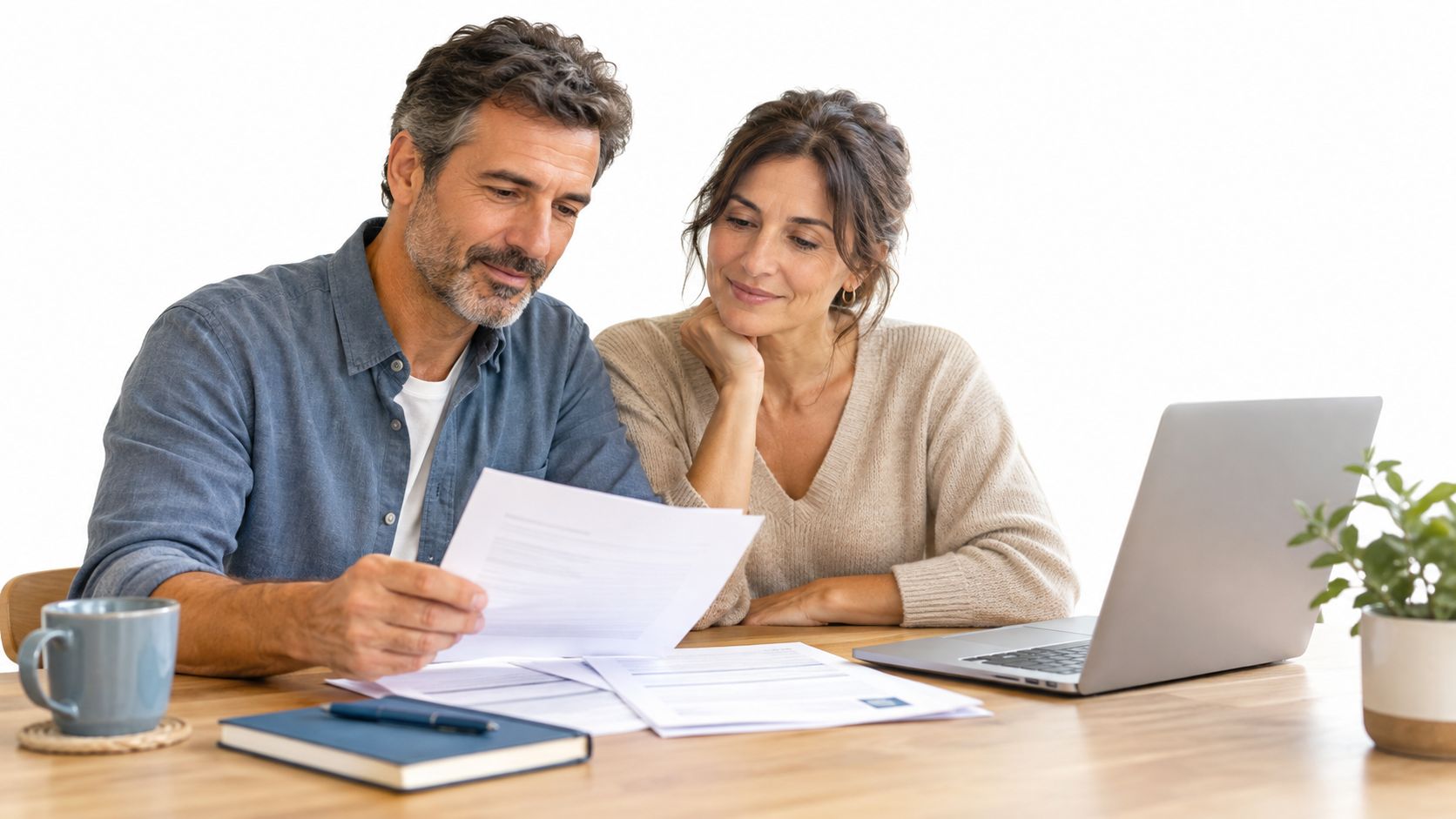 Pareja madura analizando documentos financieros y revisando información en su ordenador portátil en una mesa de madera.