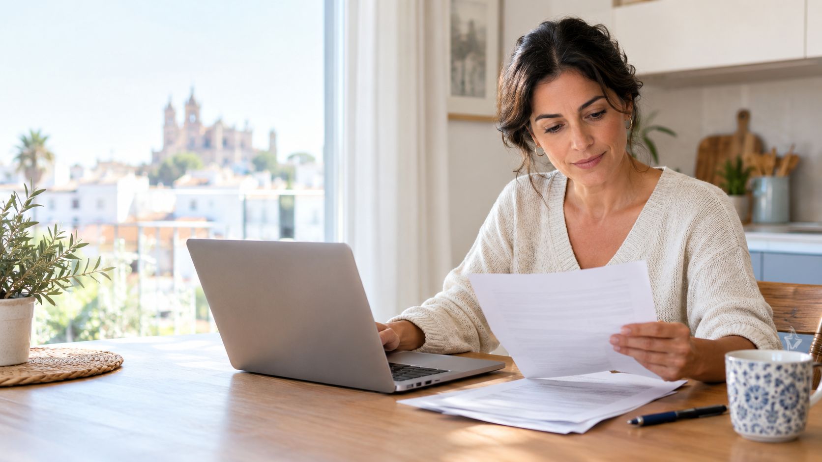 Una mujer adulta trabajando desde casa con su ordenador portátil y revisando documentos importantes de manera concentrada.