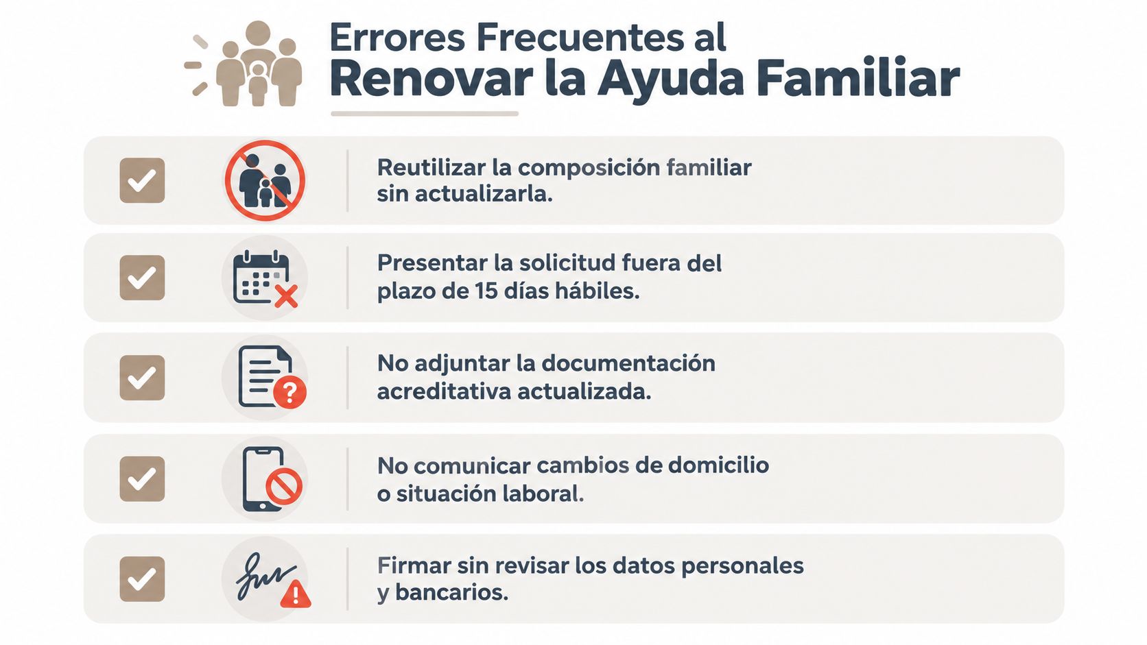 Infografía con cinco errores frecuentes al renovar la ayuda familiar, incluyendo plazos y documentación necesaria.