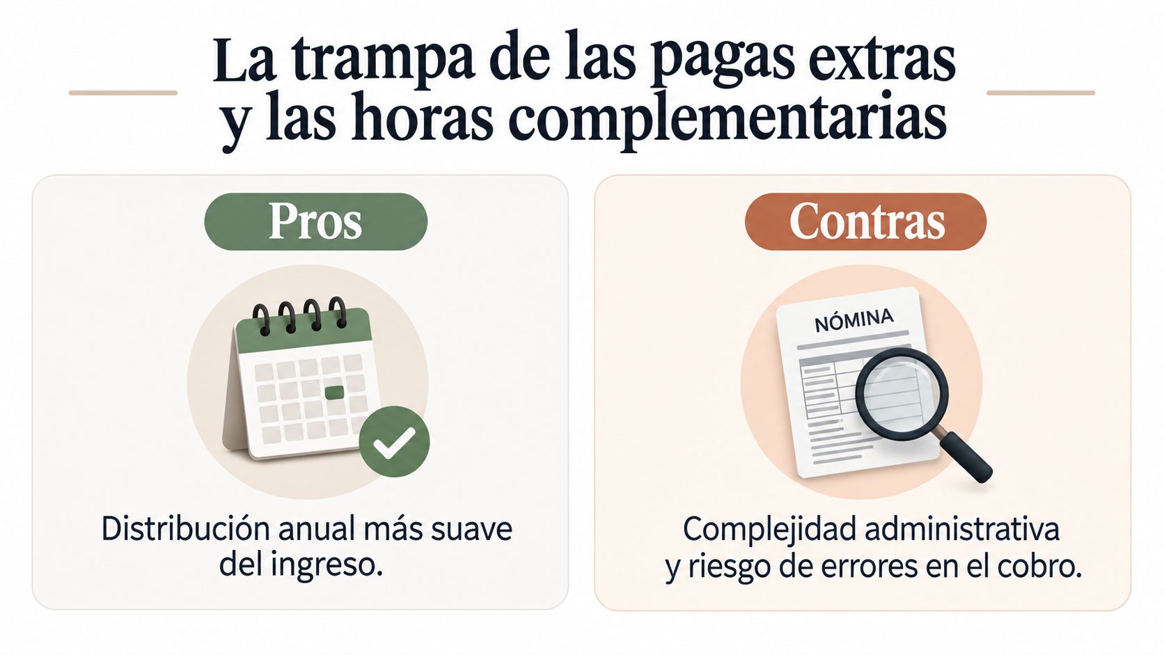 Infografía sobre las ventajas y desventajas de las pagas extras y horas complementarias en el ámbito laboral.