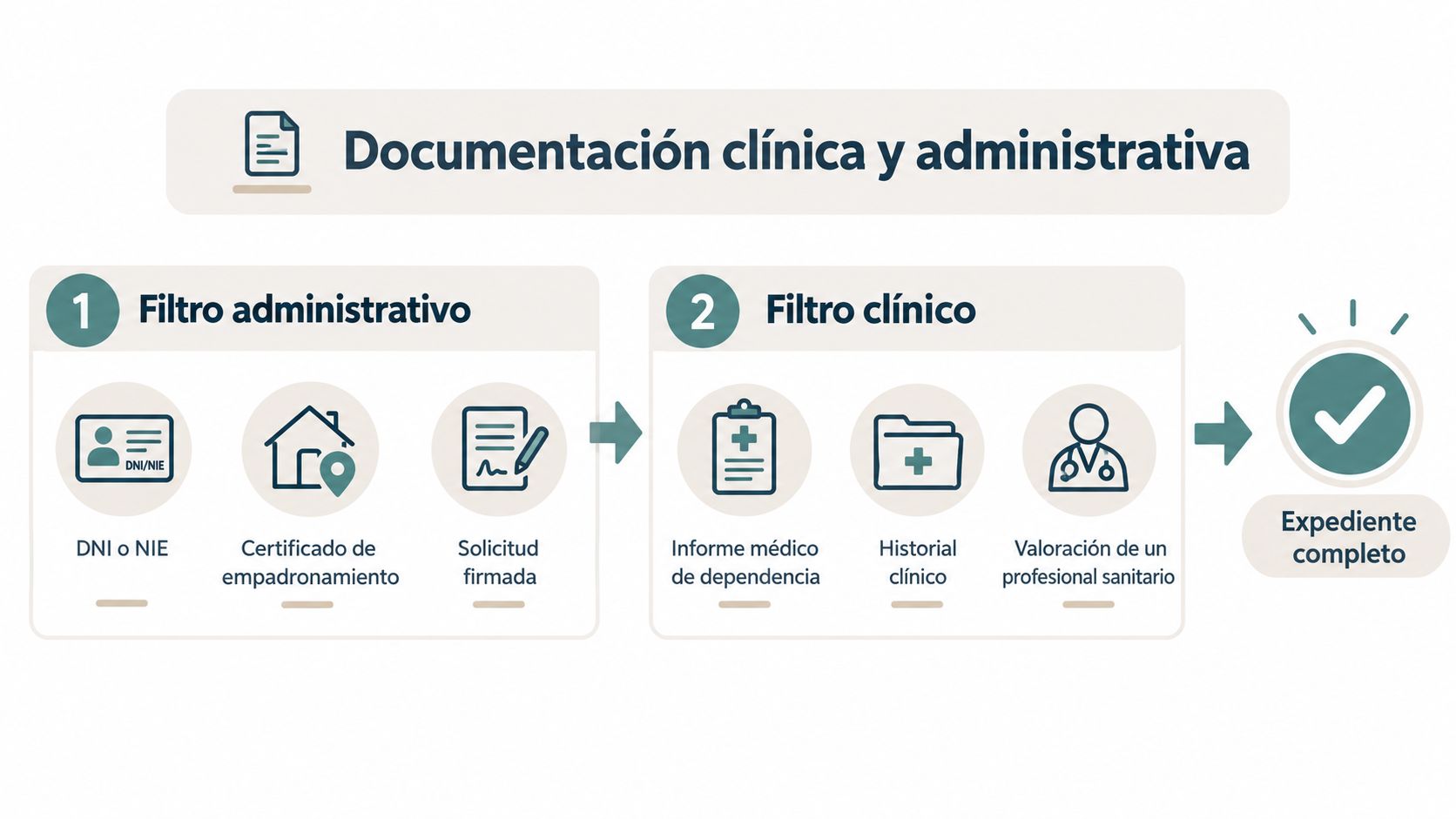Diagrama que detalla los requisitos administrativos y clínicos necesarios para completar el expediente de la ley de dependencia.
