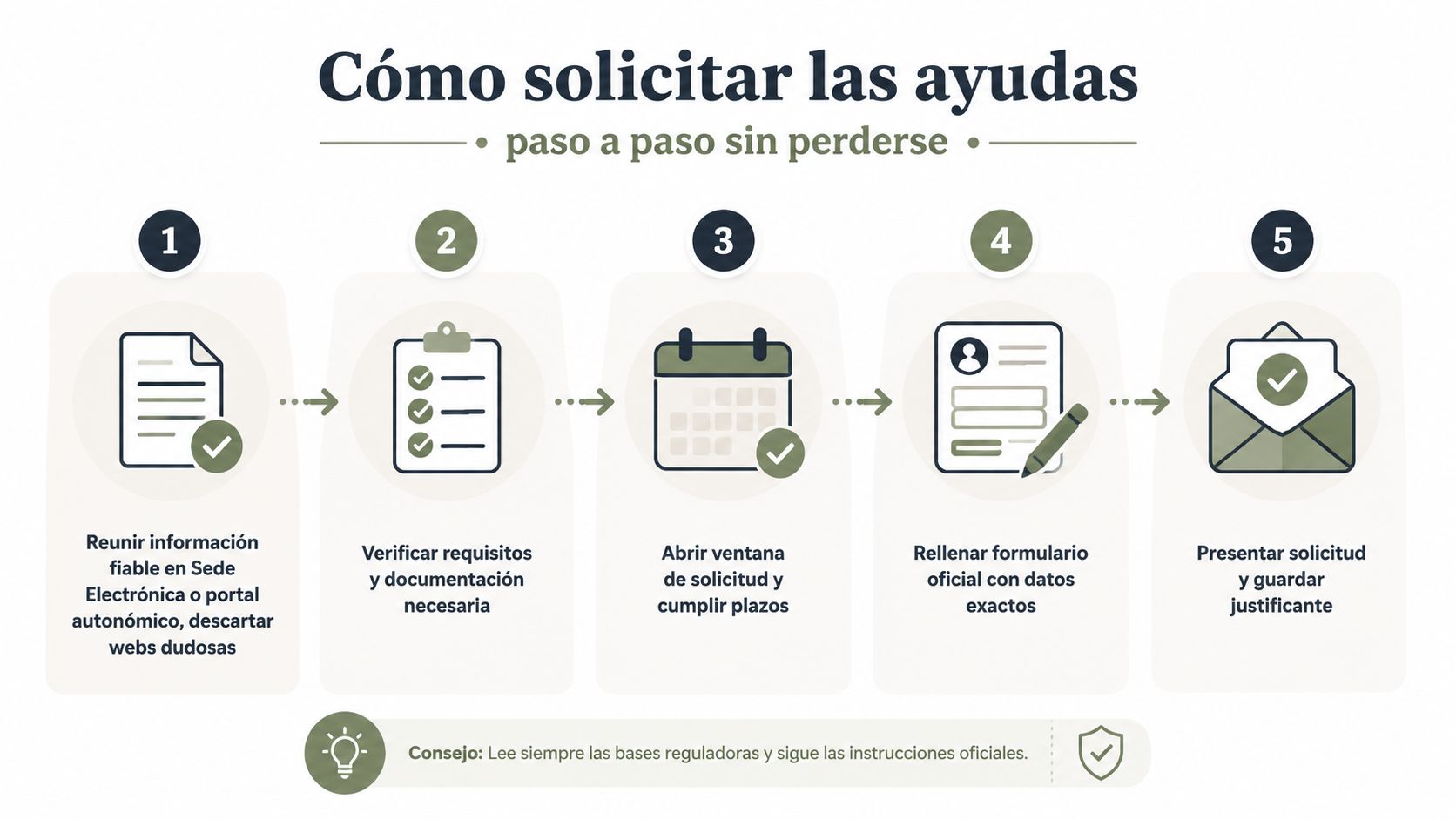 Infografía paso a paso que explica cómo solicitar ayudas oficiales de forma segura y correcta.