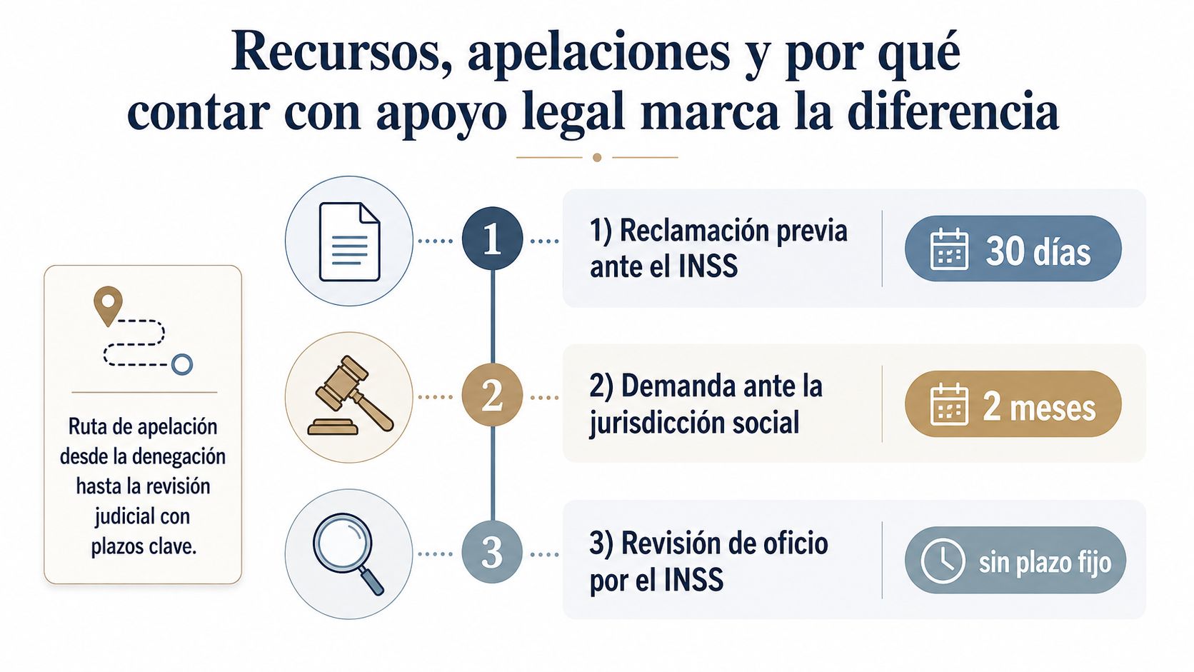 Infografía mostrando los tres pasos del proceso de apelación ante el INSS y jurisdicción social.